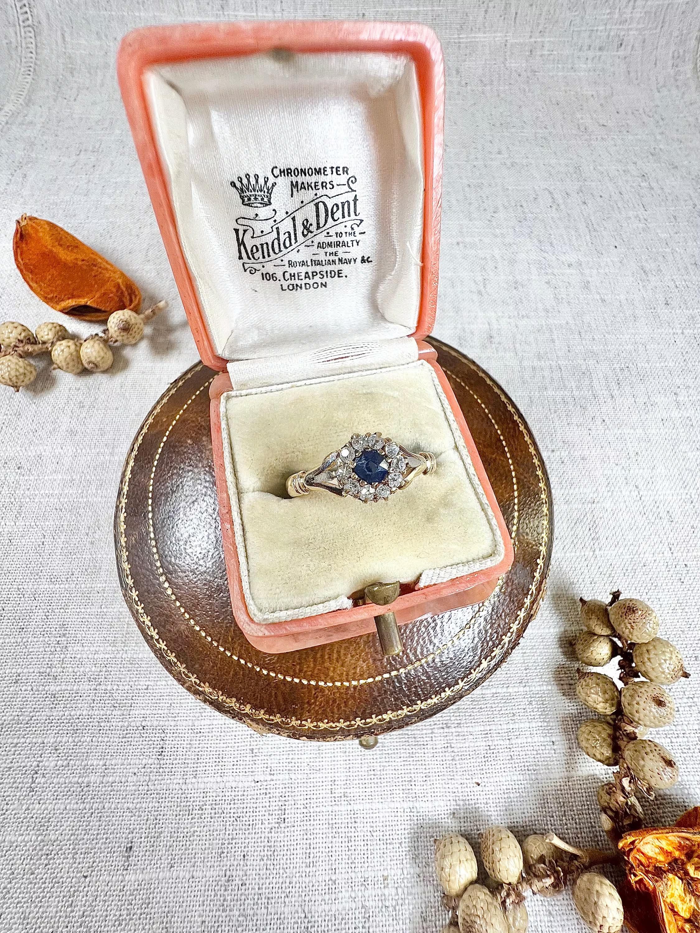Antique 18ct Gold Victorian Sapphire & Diamond Cluster Ring In Good Condition For Sale In Brighton, GB