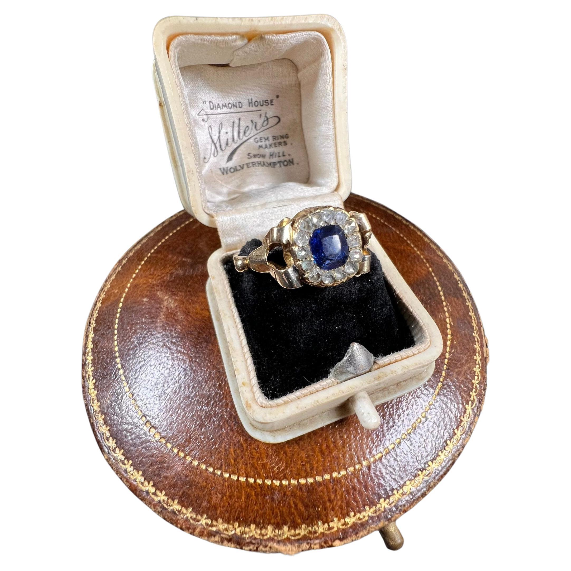 Antique 18ct Gold Victorian Sapphire Diamond Cluster Ring Lovely Split Shoulders For Sale