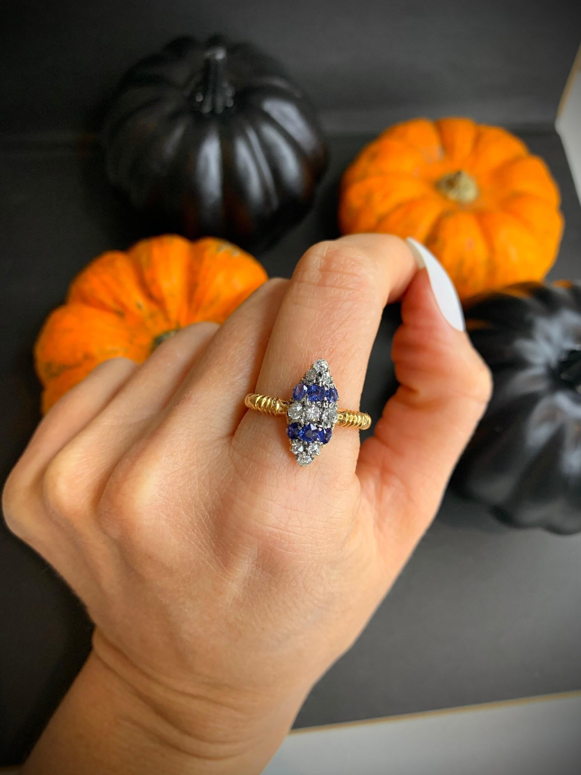 Mixed Cut Antique 18ct Gold Victorian Sapphire & Diamond Marquise Ring