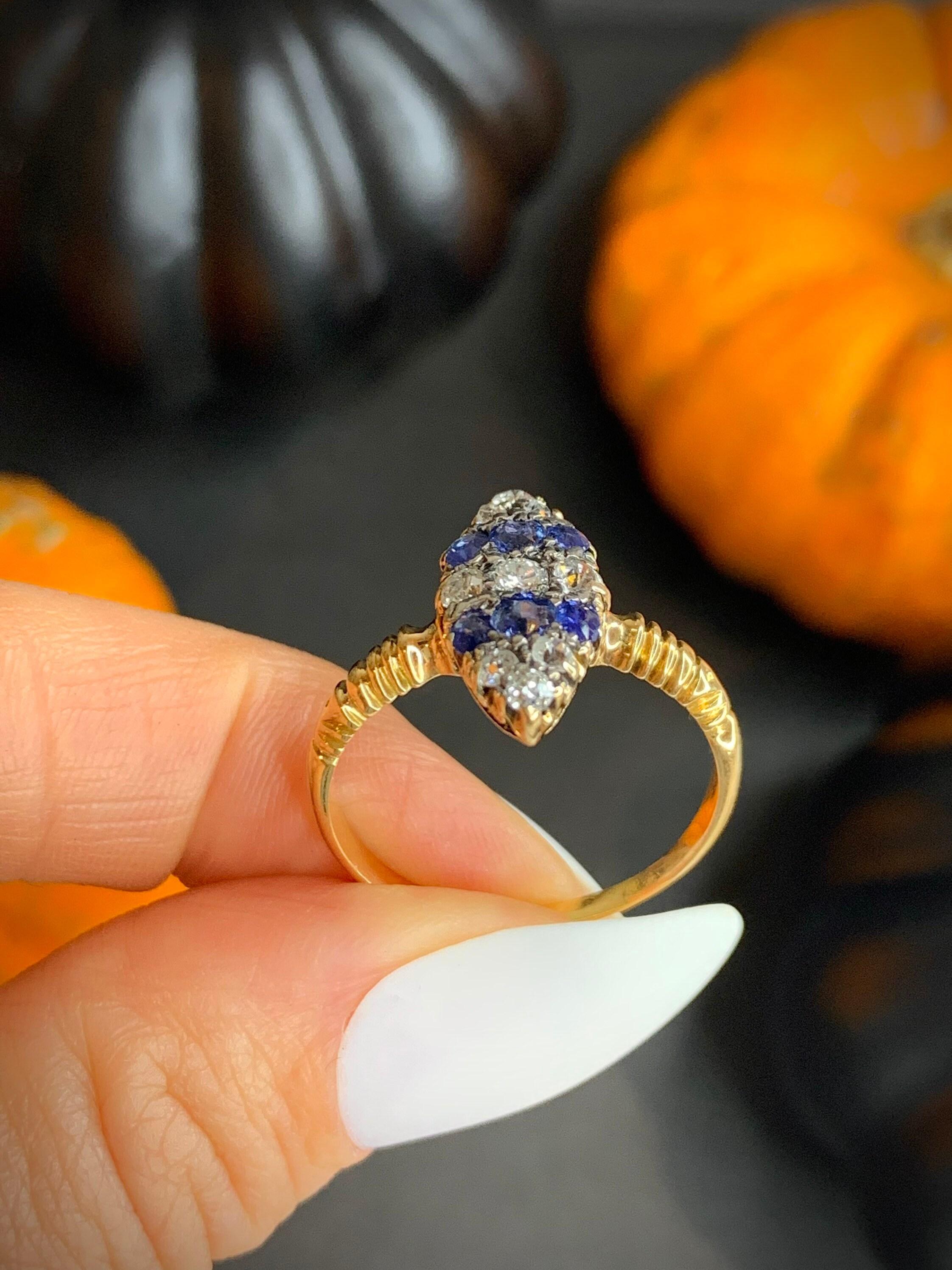 Women's or Men's Antique 18ct Gold Victorian Sapphire & Diamond Marquise Ring