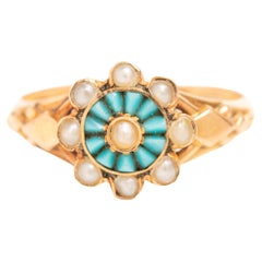 Antique 18ct Gold Victorian Turquoise Seed Pearl Cluster Ring