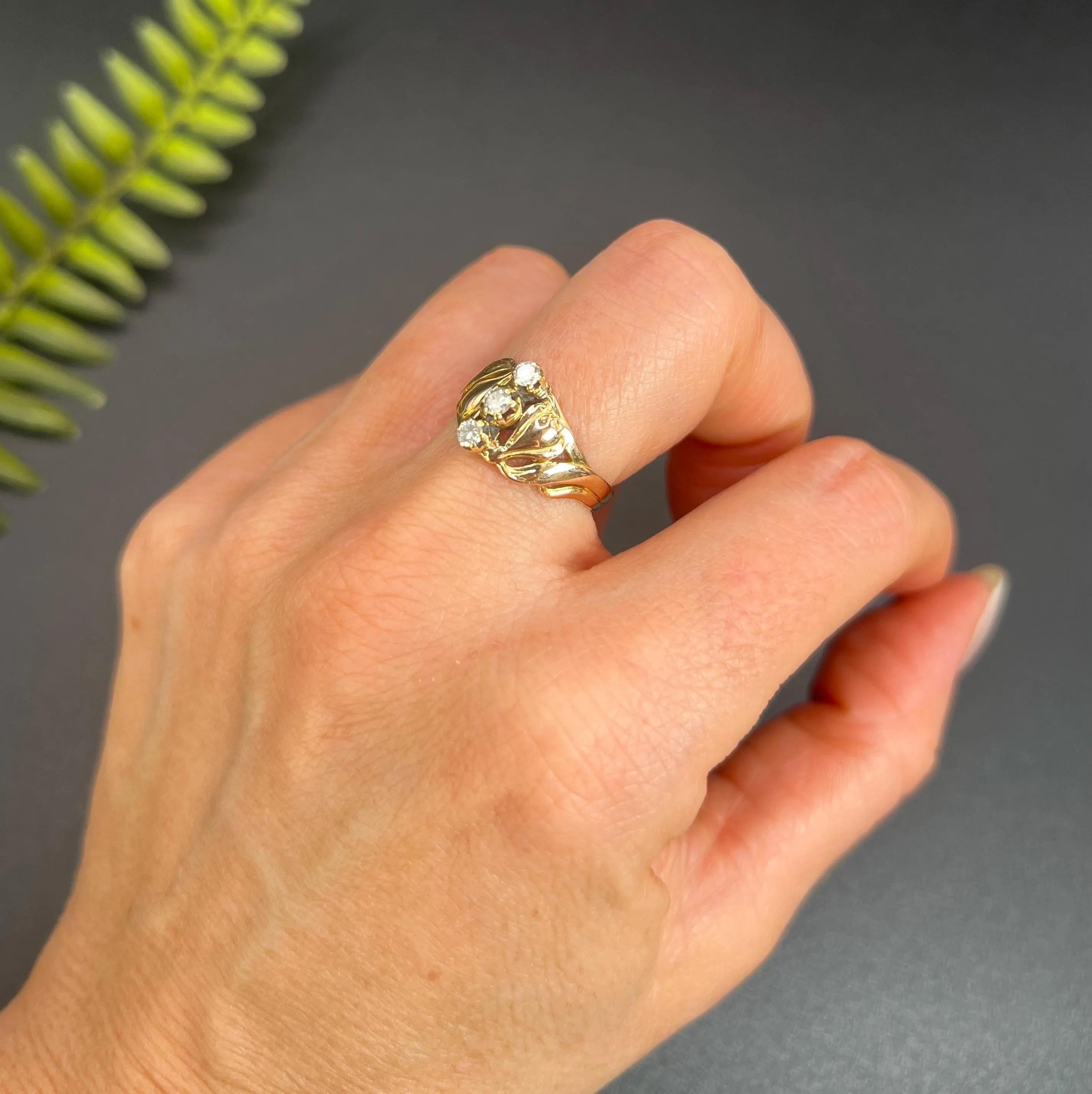 Brilliant Cut Antique 18ct Rose Gold, Art Nouveau Three Stone Diamond Ring For Sale