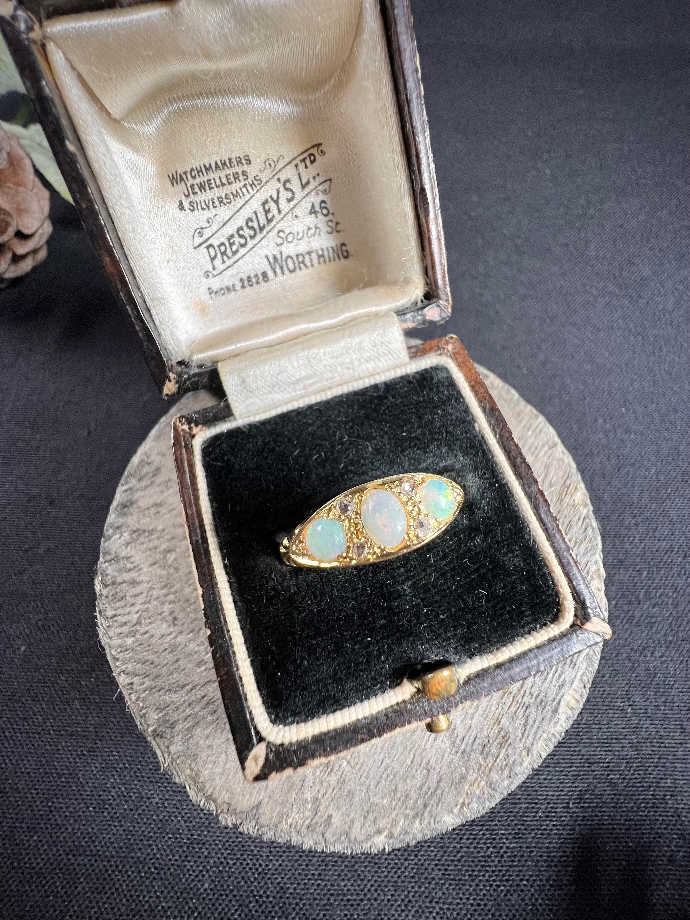 Antique 18ct Rose Gold Edwardian Opal & Diamond Boat Shaped Ring For Sale 5