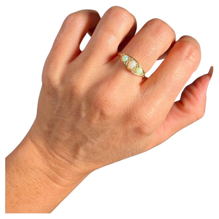 Antique 18ct Rose Gold Edwardian Opal and Diamond Boat Shaped Ring