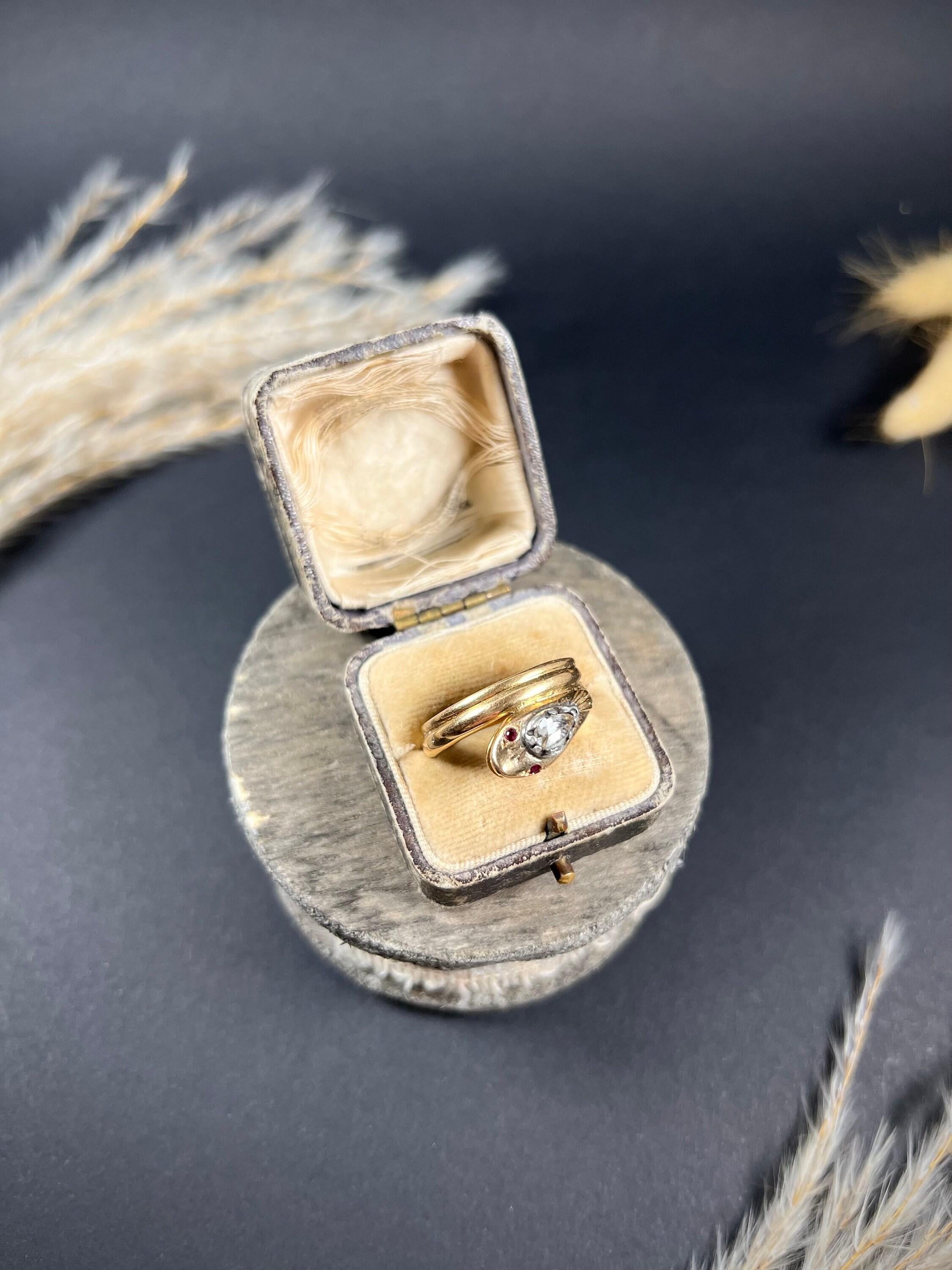Mixed Cut Antique 18ct Rose Gold, Georgian Rose Cut Diamond & Ruby Snake Ring