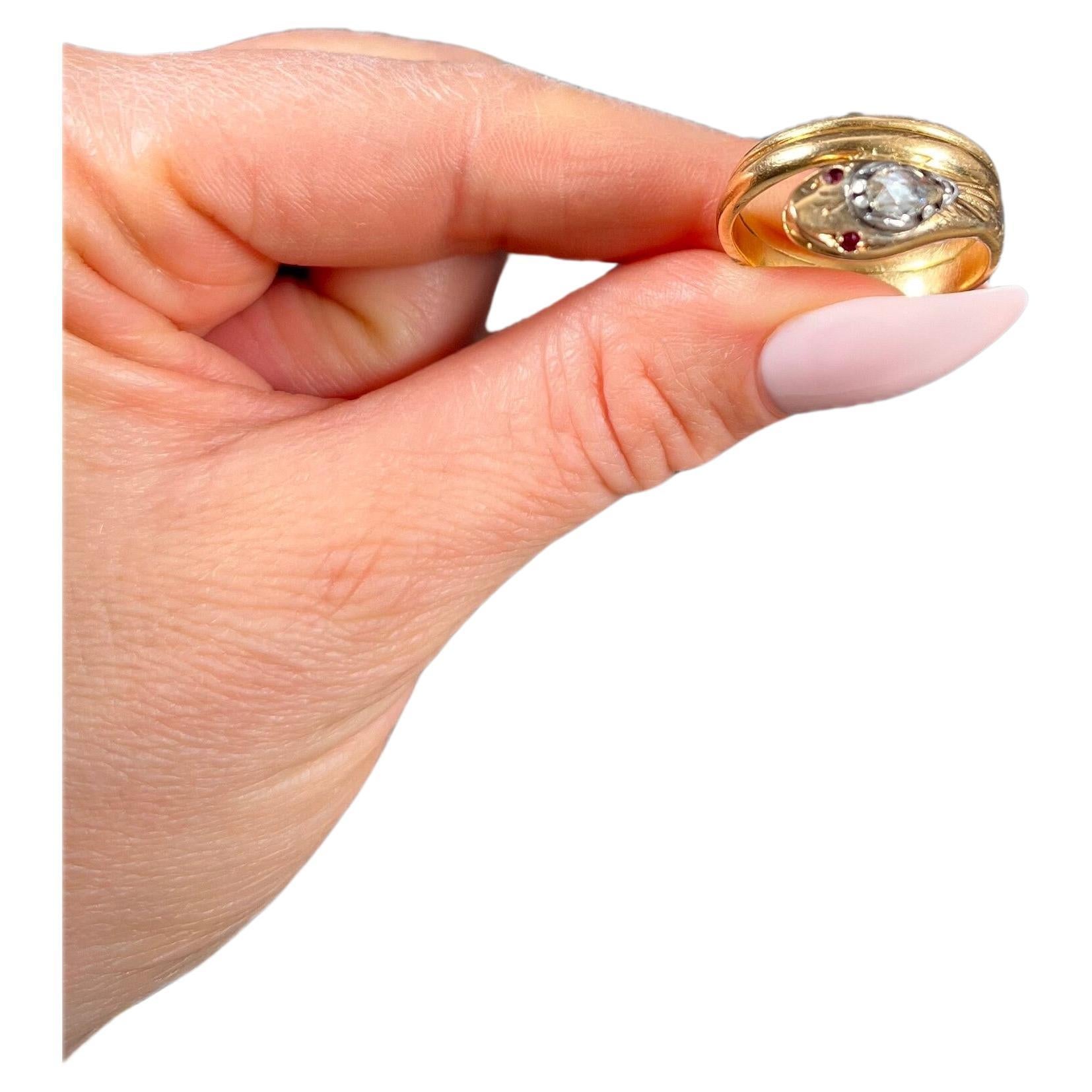 Antique 18ct Rose Gold, Georgian Rose Cut Diamond & Ruby Snake Ring For Sale