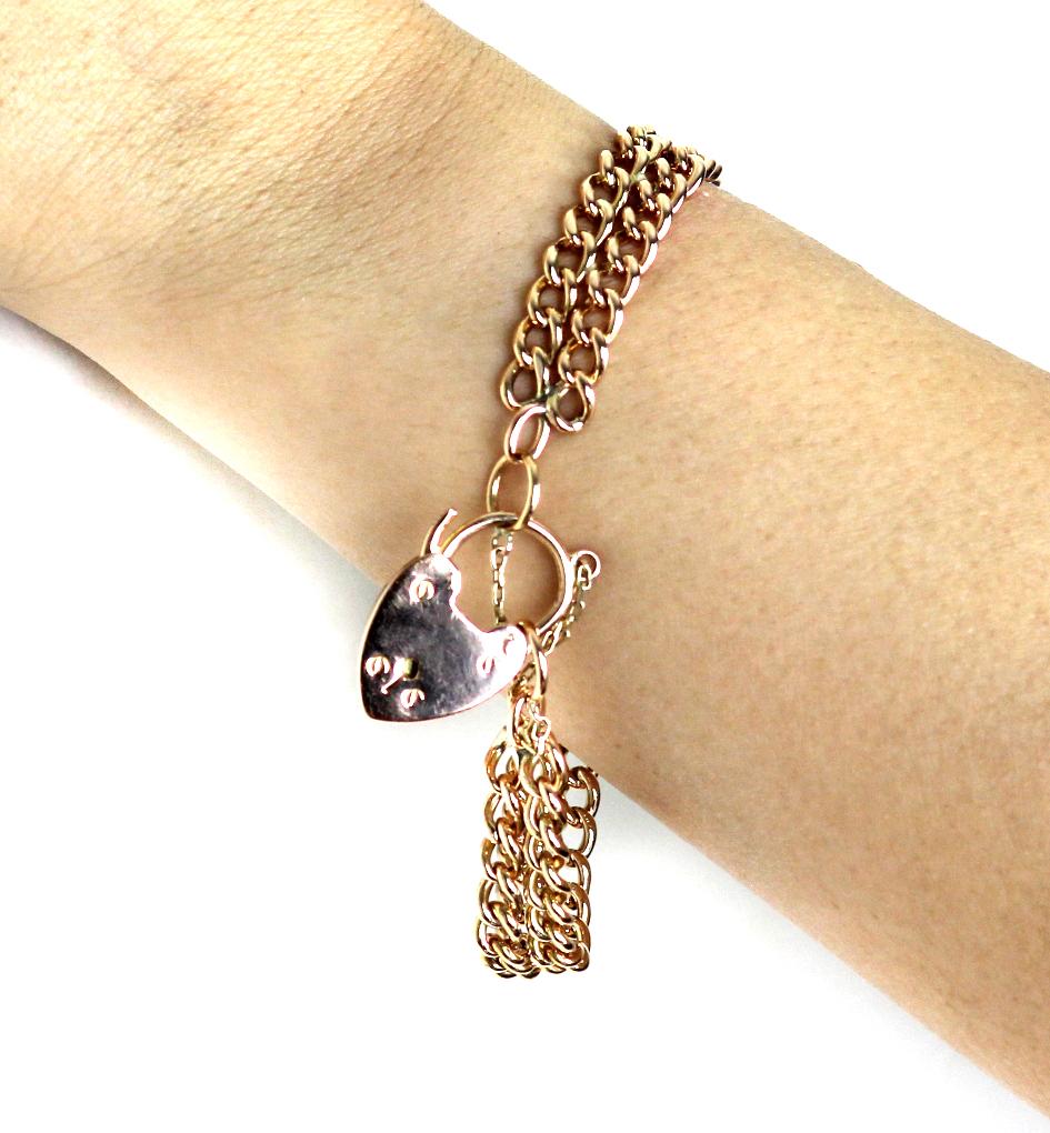 Edoardiano Bracciale doppio con lucchetto a cuore in oro rosa 18ct, British 1917 in vendita