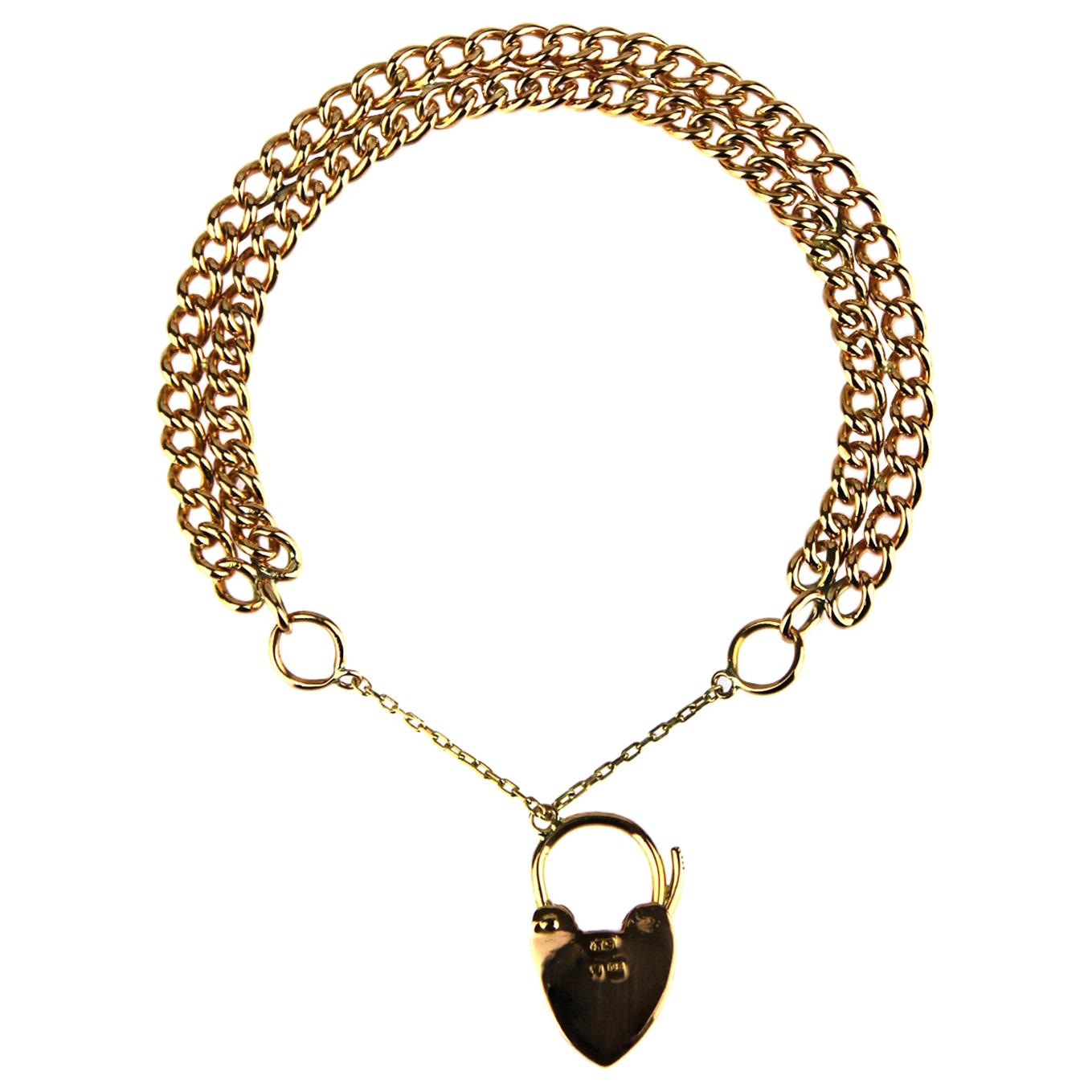 Antique 18ct Rose Gold Heart Padlock Double Curb Bracelet, British 1917 For Sale