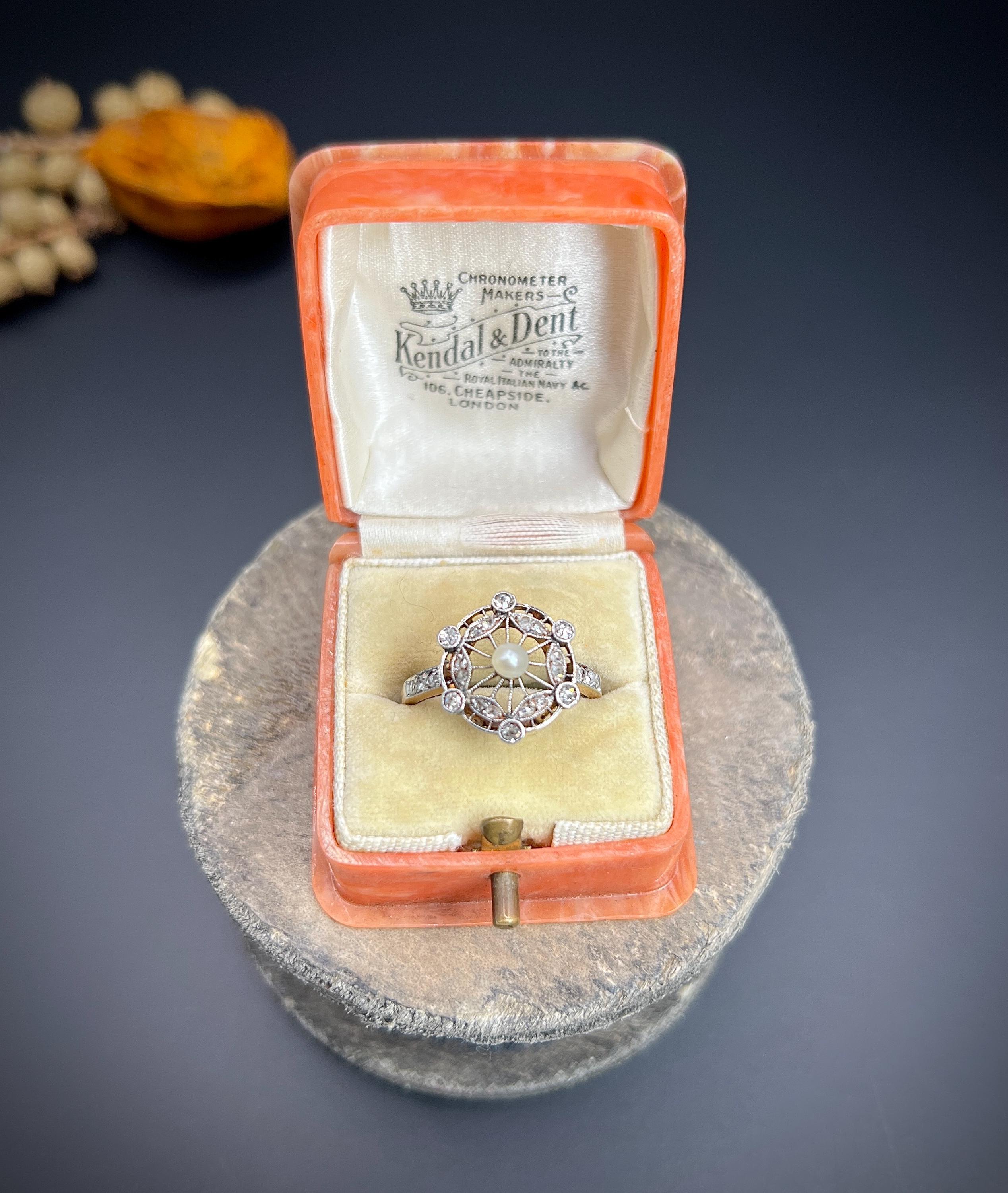 Antique 18ct Rose Gold & Platinum Edwardian Diamond and Pearl Fancy Cluster Ring For Sale 5