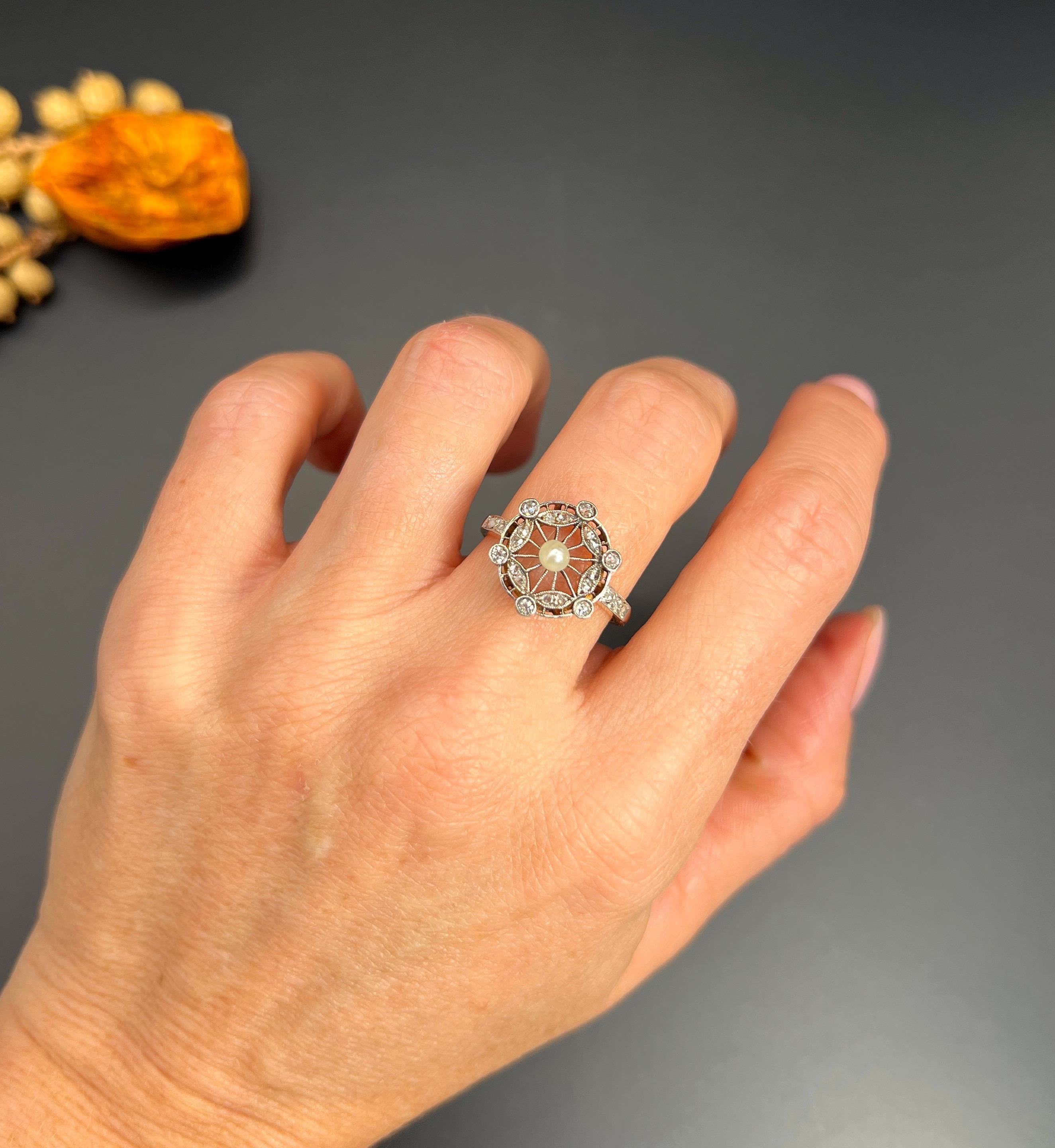 Antique 18ct Rose Gold & Platinum Edwardian Diamond and Pearl Fancy Cluster Ring For Sale 6