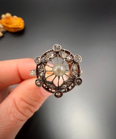 Antique 18ct Rose Gold & Platinum Edwardian Diamond and Pearl Fancy Cluster Ring