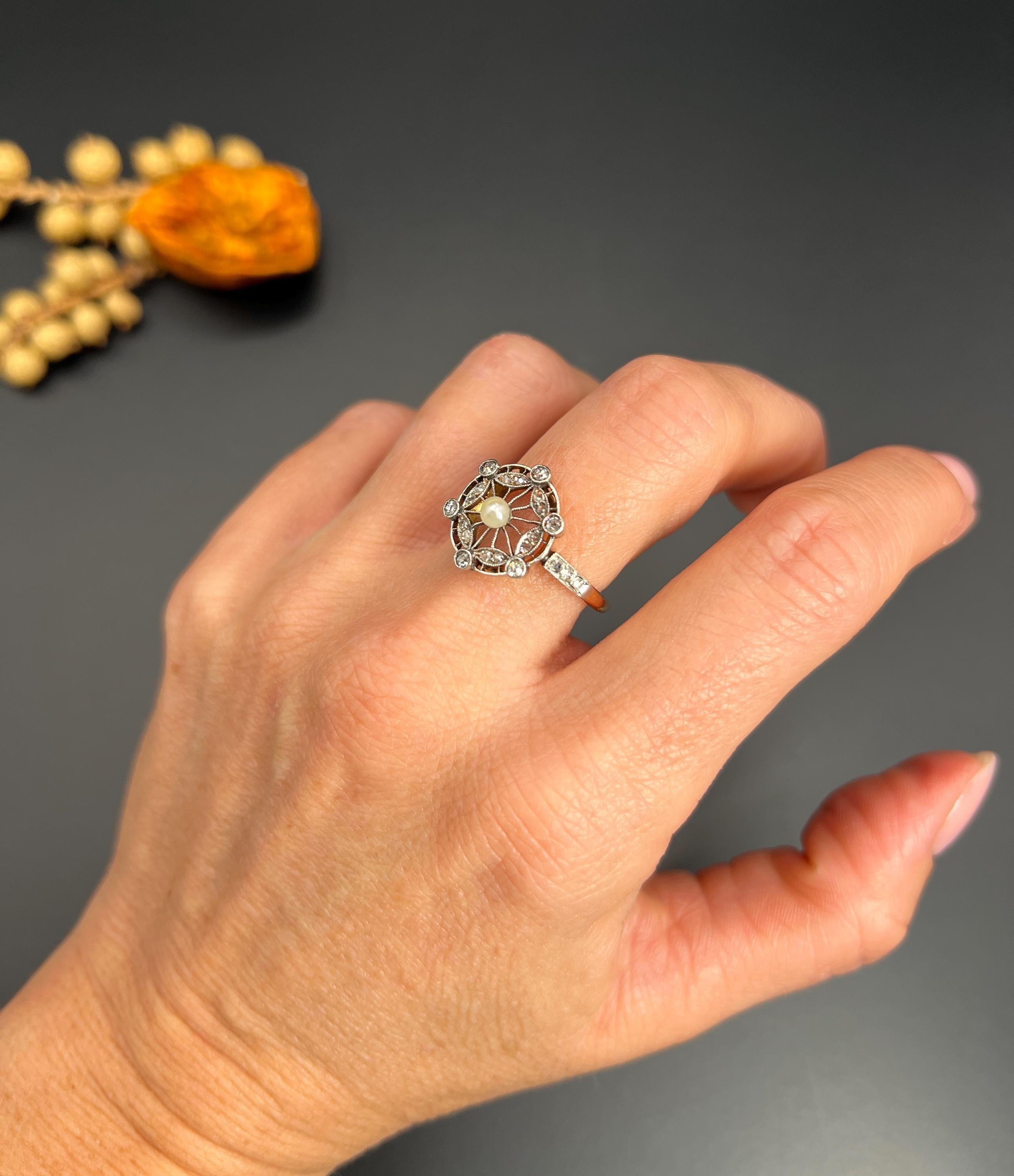 Women's or Men's Antique 18ct Rose Gold & Platinum Edwardian Diamond and Pearl Fancy Cluster Ring For Sale