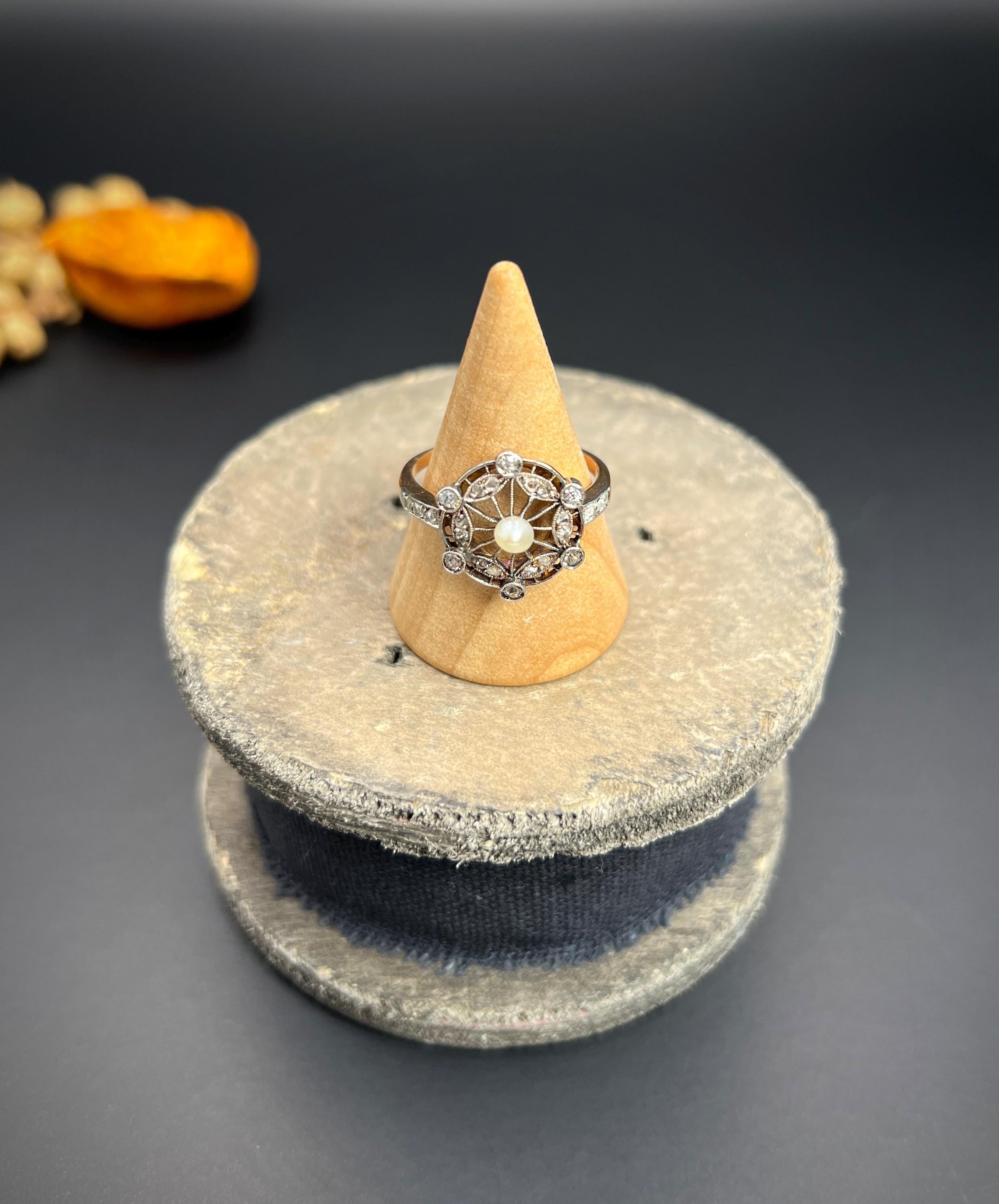 Antique 18ct Rose Gold & Platinum Edwardian Diamond and Pearl Fancy Cluster Ring For Sale 1