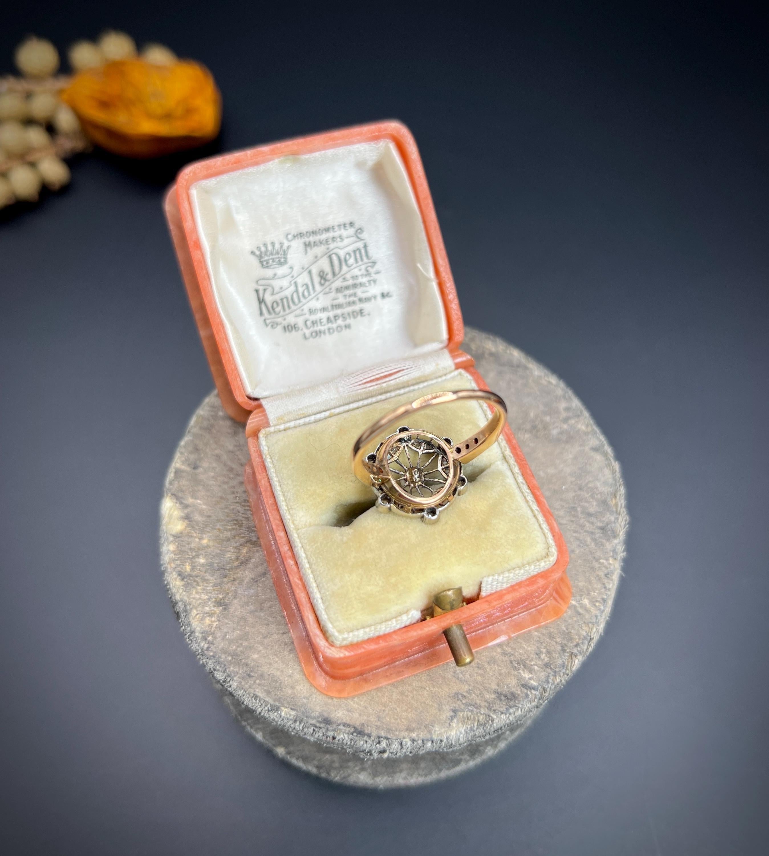 Antique 18ct Rose Gold & Platinum Edwardian Diamond and Pearl Fancy Cluster Ring For Sale 2