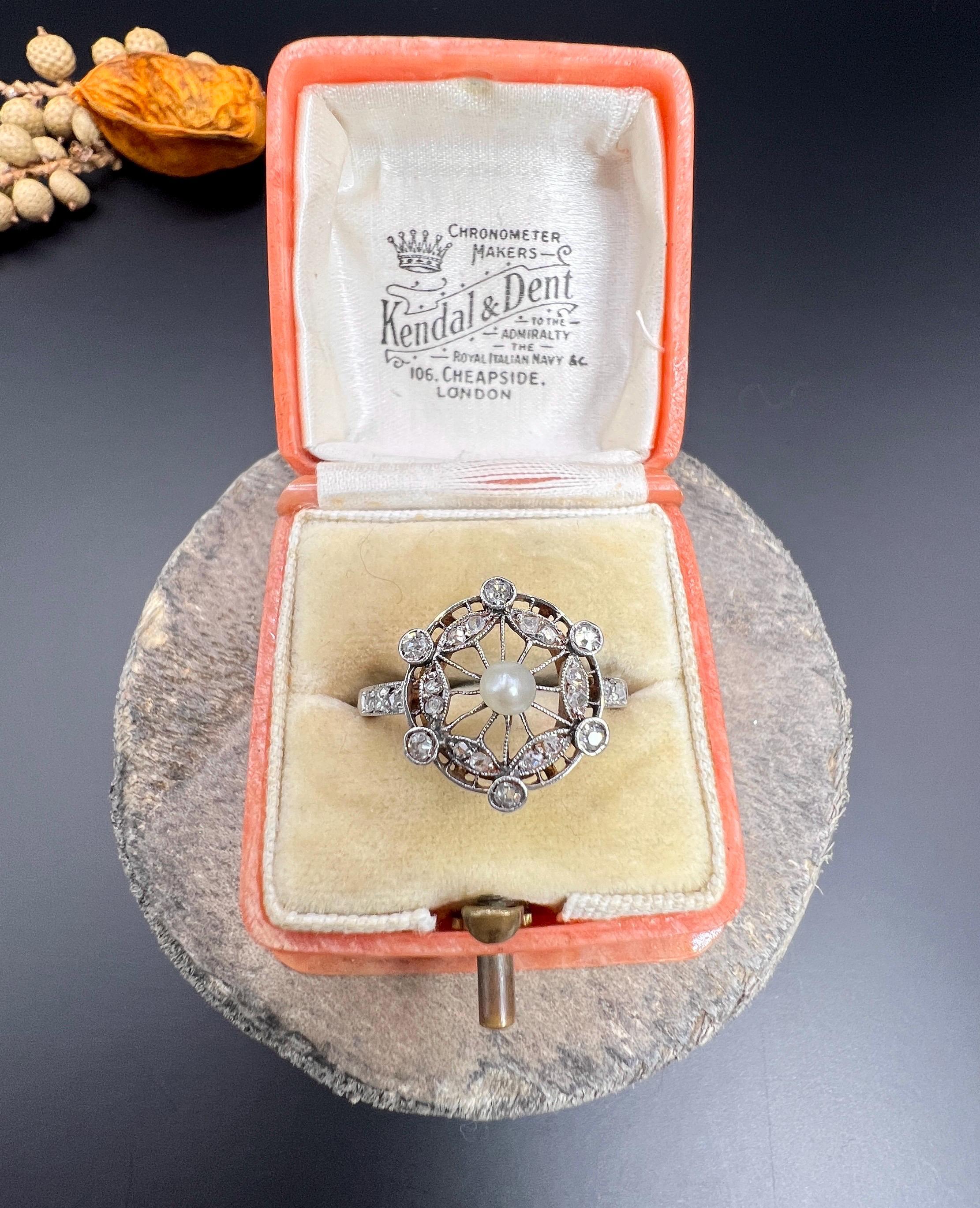 Antique 18ct Rose Gold & Platinum Edwardian Diamond and Pearl Fancy Cluster Ring For Sale 3