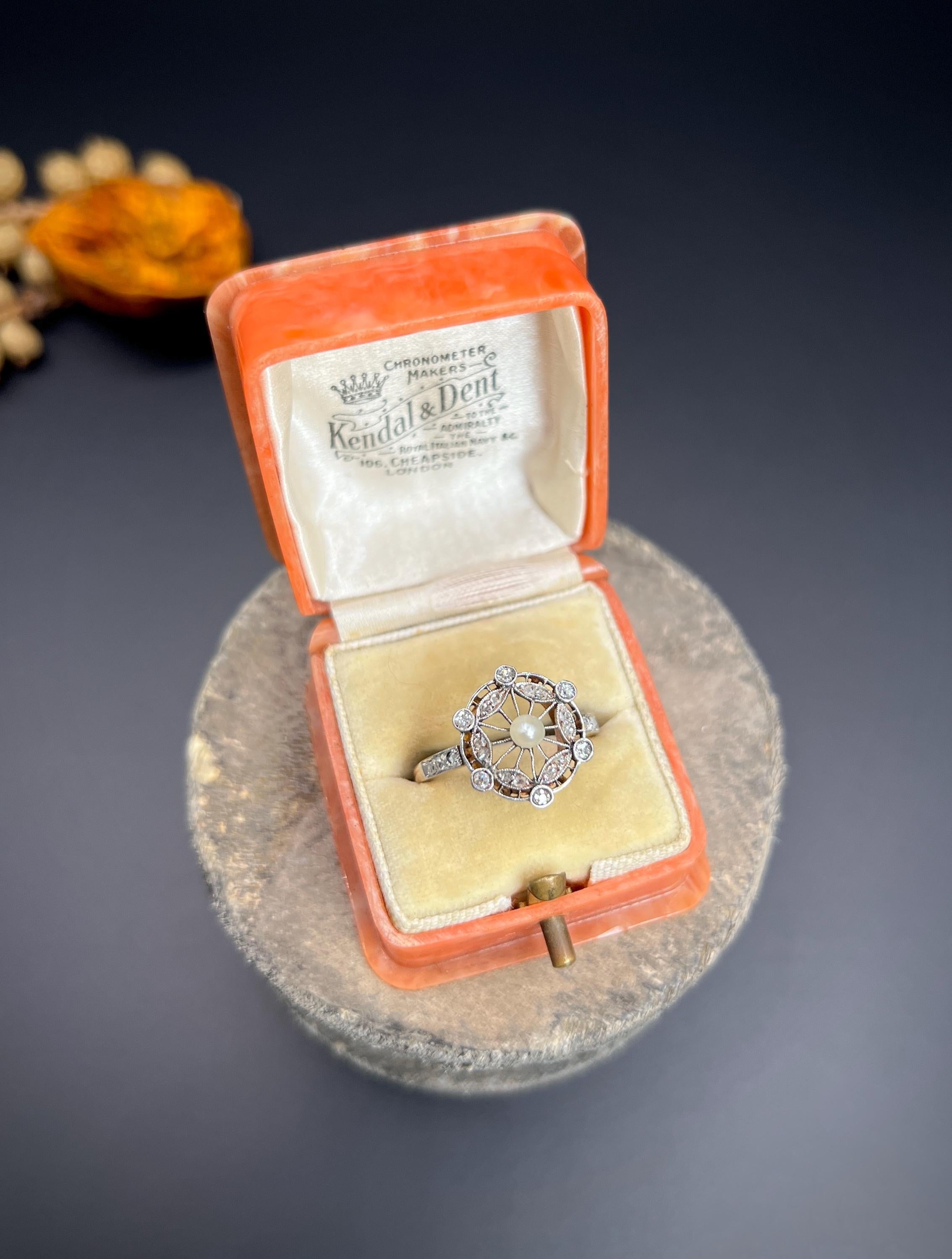 Antique 18ct Rose Gold & Platinum Edwardian Diamond and Pearl Fancy Cluster Ring For Sale 4