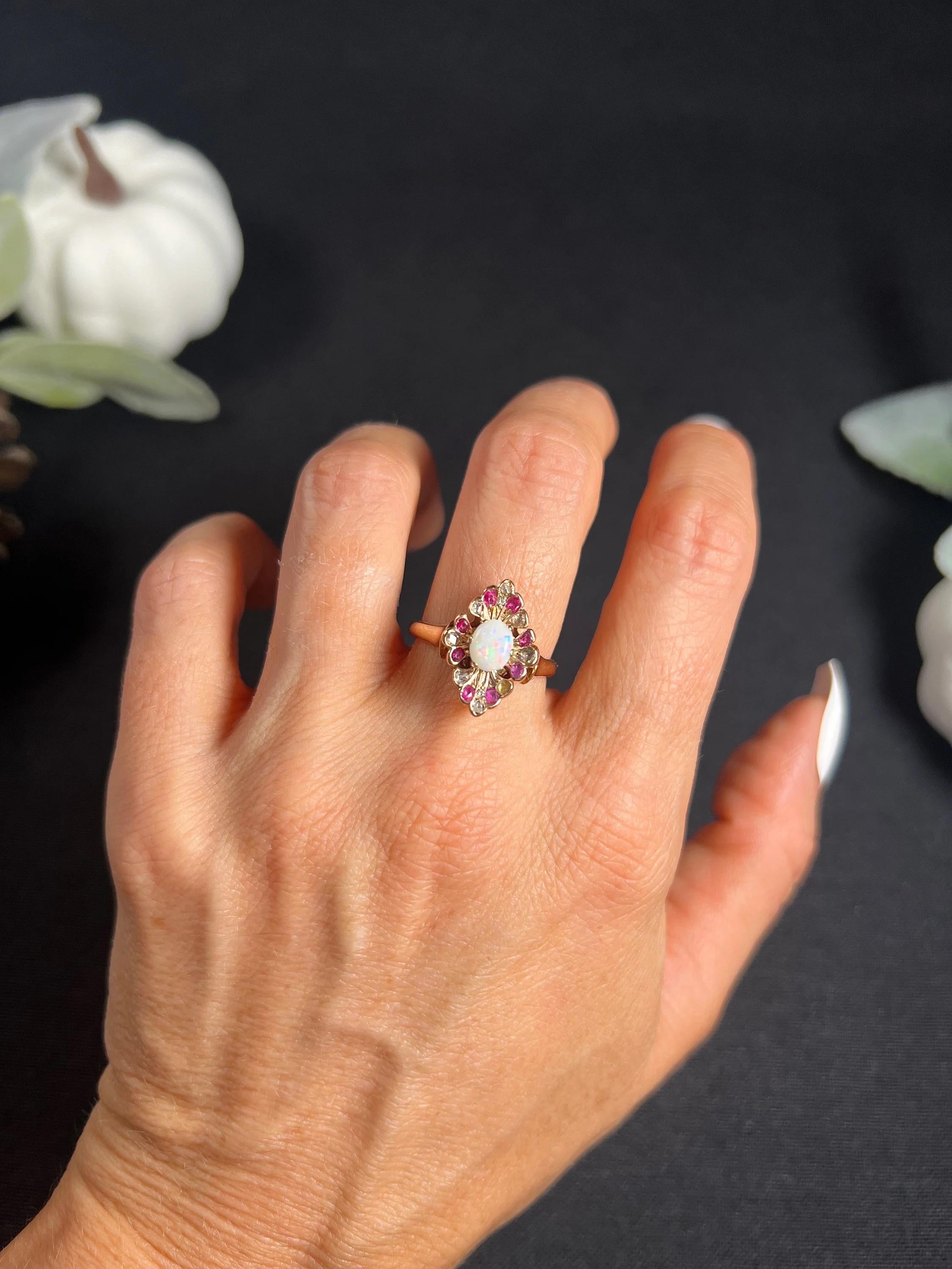 Women's or Men's Antique 18ct Rose Gold Victorian Opal, Ruby & Diamond Marquise Ring For Sale