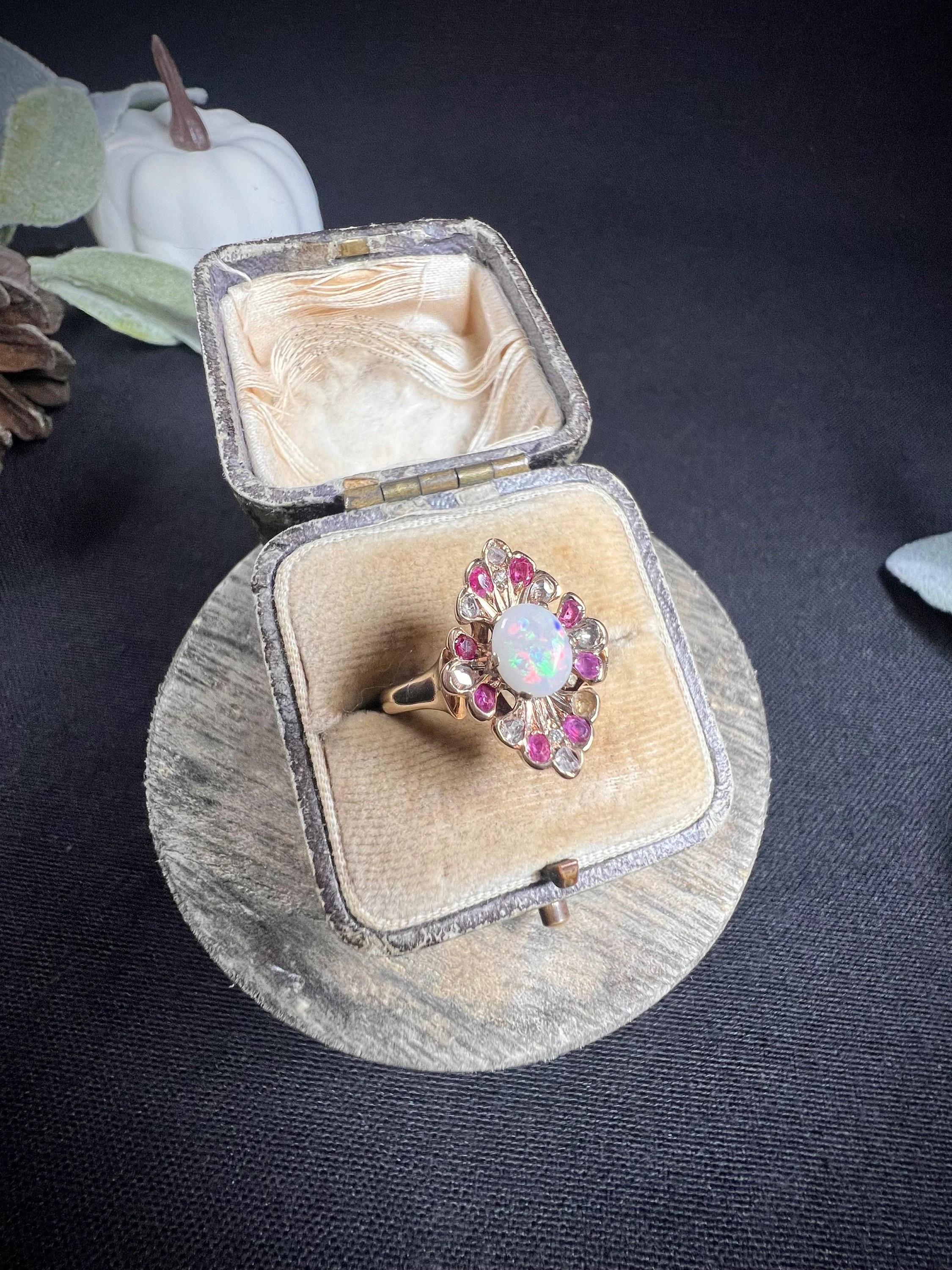 Antique 18ct Rose Gold Victorian Opal, Ruby & Diamond Marquise Ring For Sale 2
