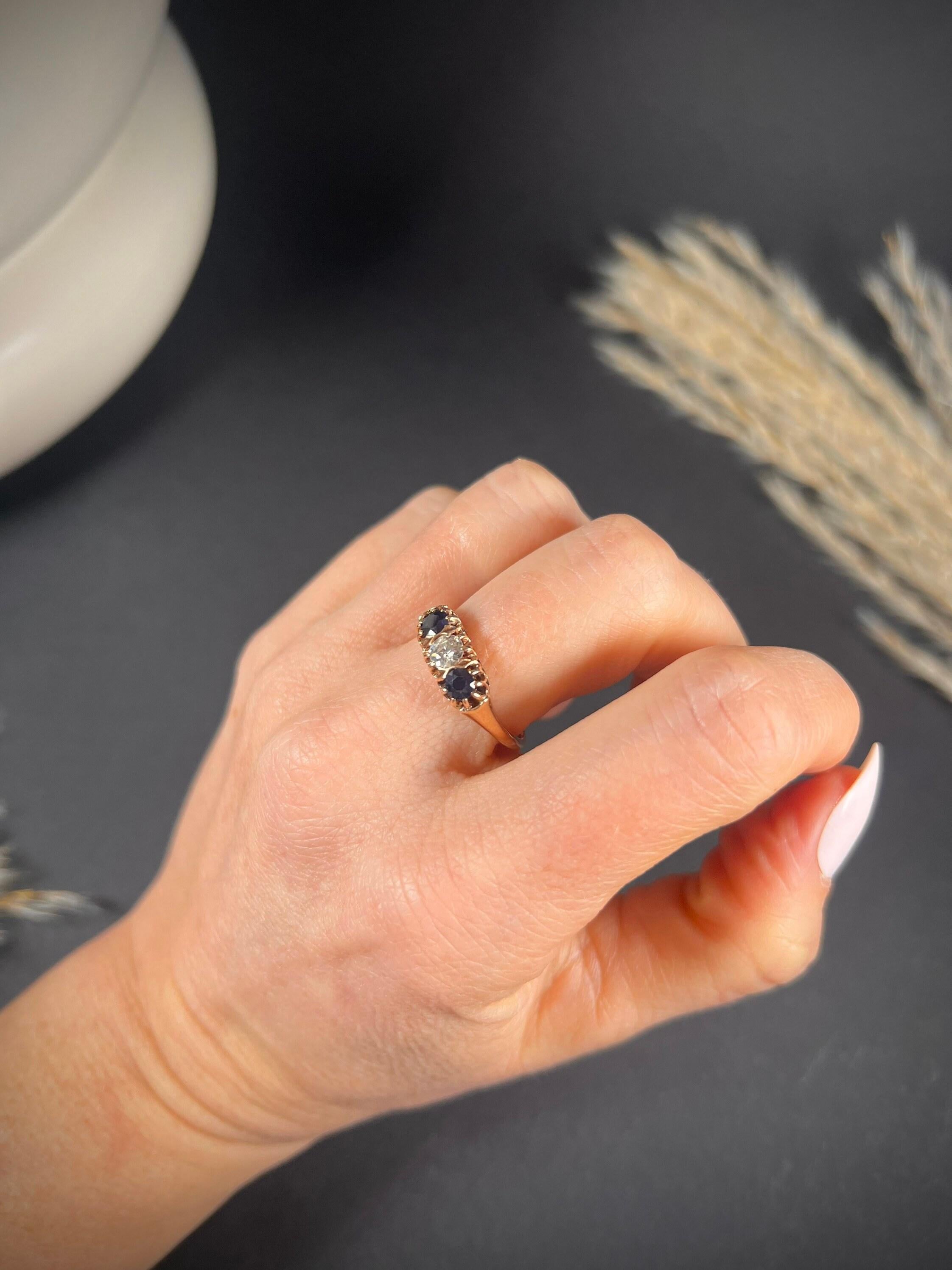 Antique 18ct Rose Gold Victorian Sapphire & Diamond Three Stone Ring For Sale 6