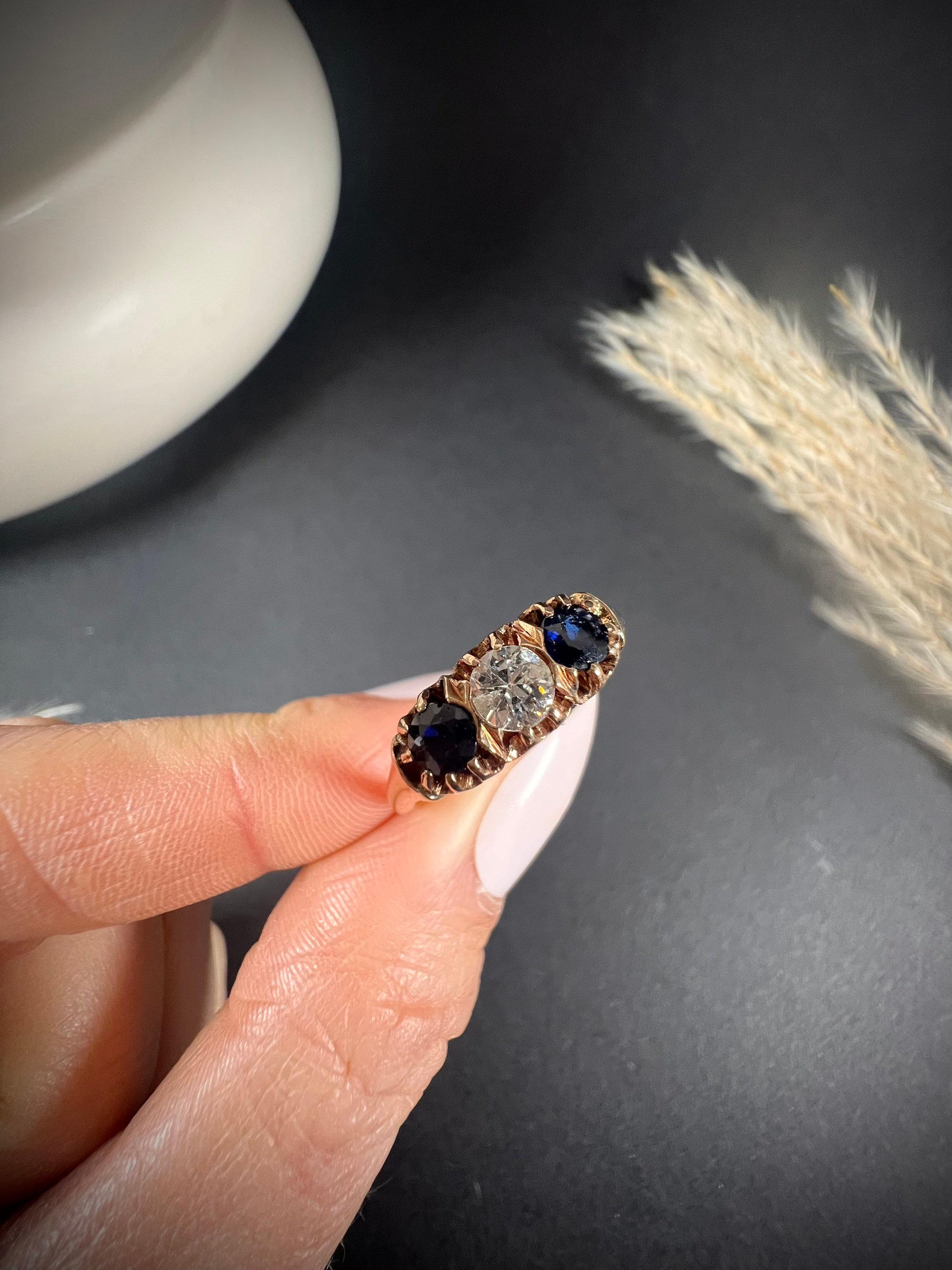 Old European Cut Antique 18ct Rose Gold Victorian Sapphire & Diamond Three Stone Ring For Sale