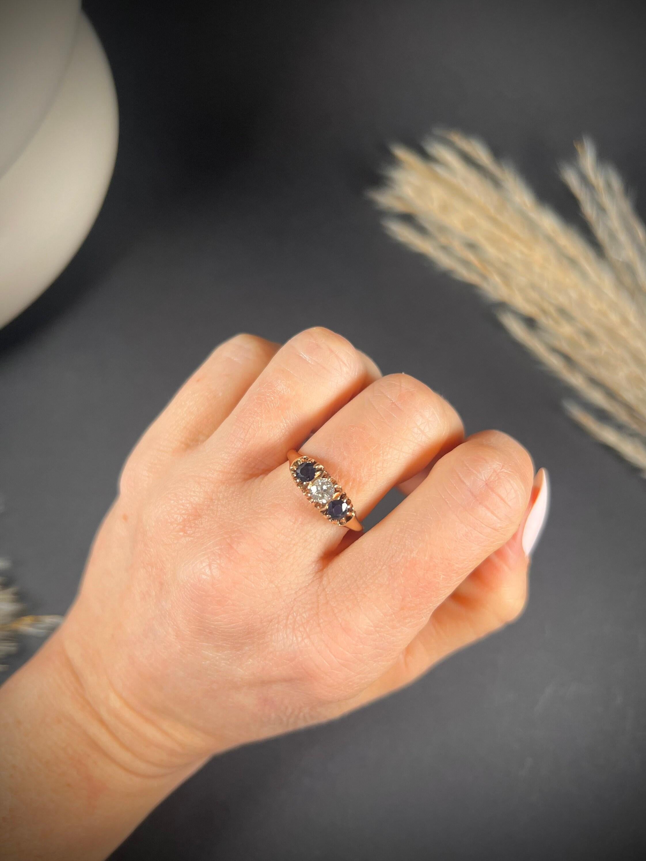 Antique 18ct Rose Gold Victorian Sapphire & Diamond Three Stone Ring For Sale 3