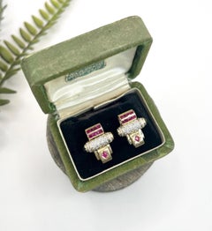 Antique 18ct Two Colour Gold, 1920s Art Deco Ruby, Diamond & Onyx Tank Earrings