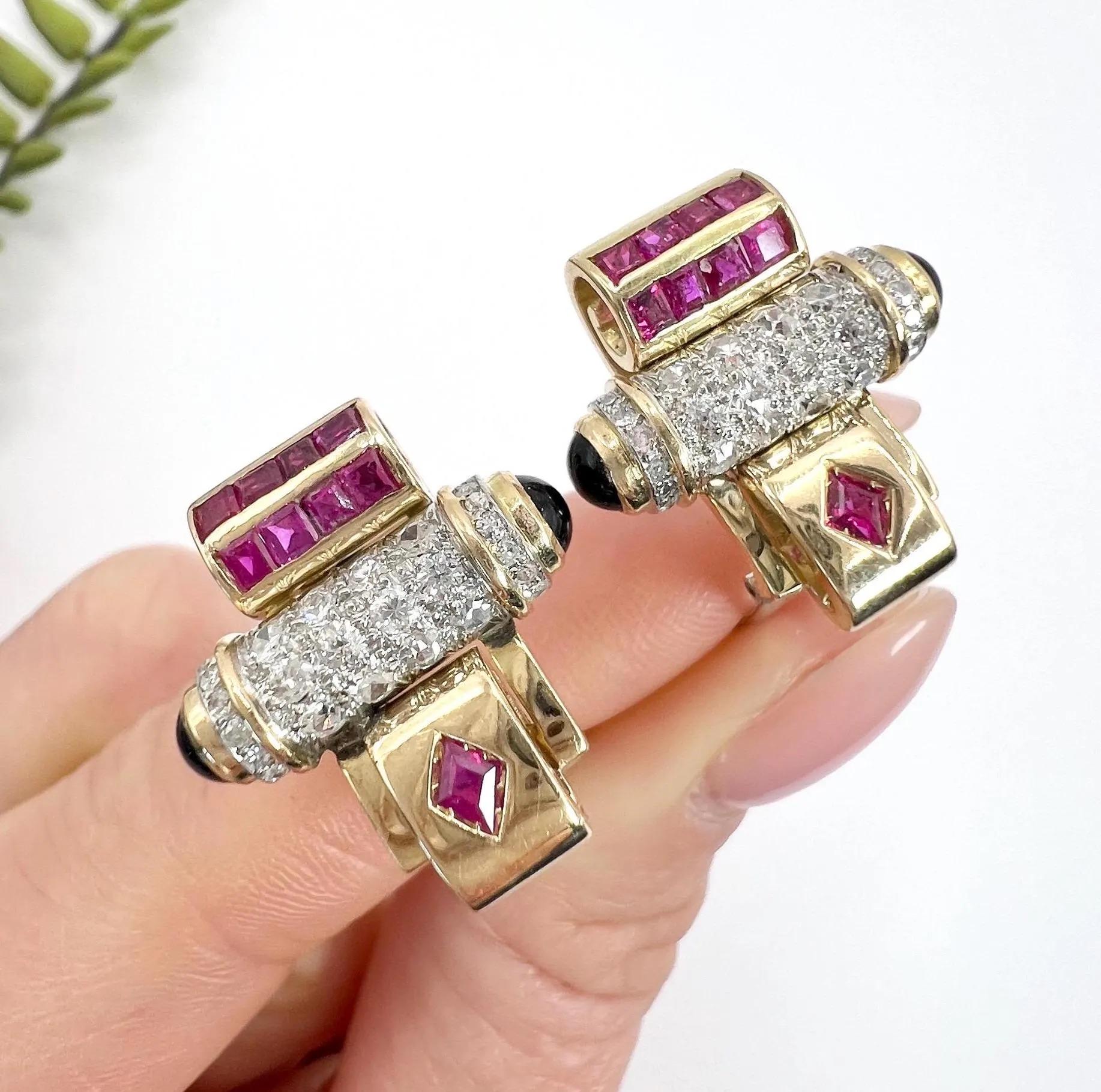 Antike 18 Karat zweifarbige Gold-Ohrringe im Art-déco-Stil mit Rubin, Diamant und Onyx, 1920er Jahre für Damen oder Herren im Angebot