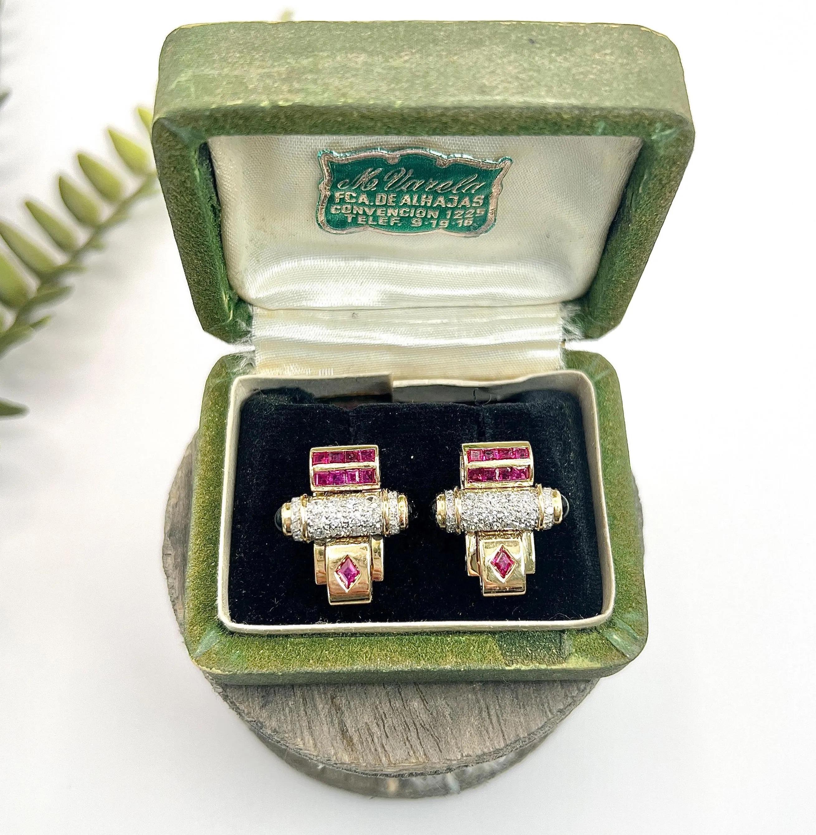 Antike 18 Karat zweifarbige Gold-Ohrringe im Art-déco-Stil mit Rubin, Diamant und Onyx, 1920er Jahre im Angebot 1