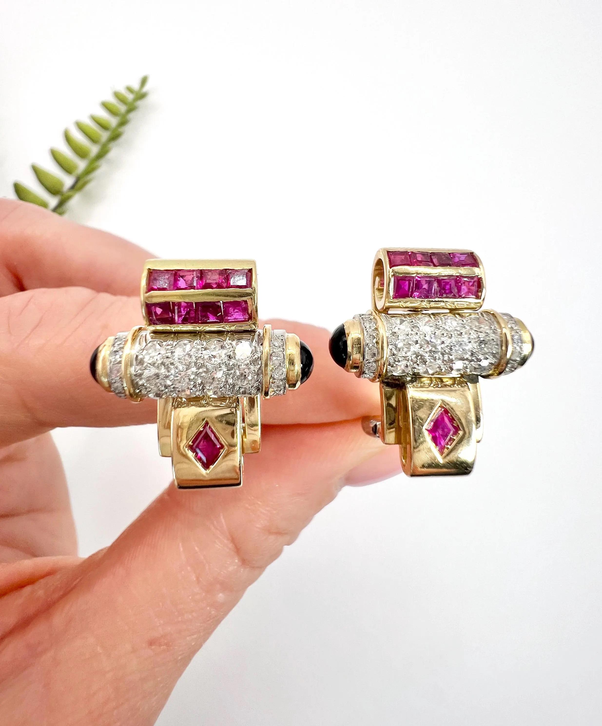 Antike 18 Karat zweifarbige Gold-Ohrringe im Art-déco-Stil mit Rubin, Diamant und Onyx, 1920er Jahre im Angebot 2