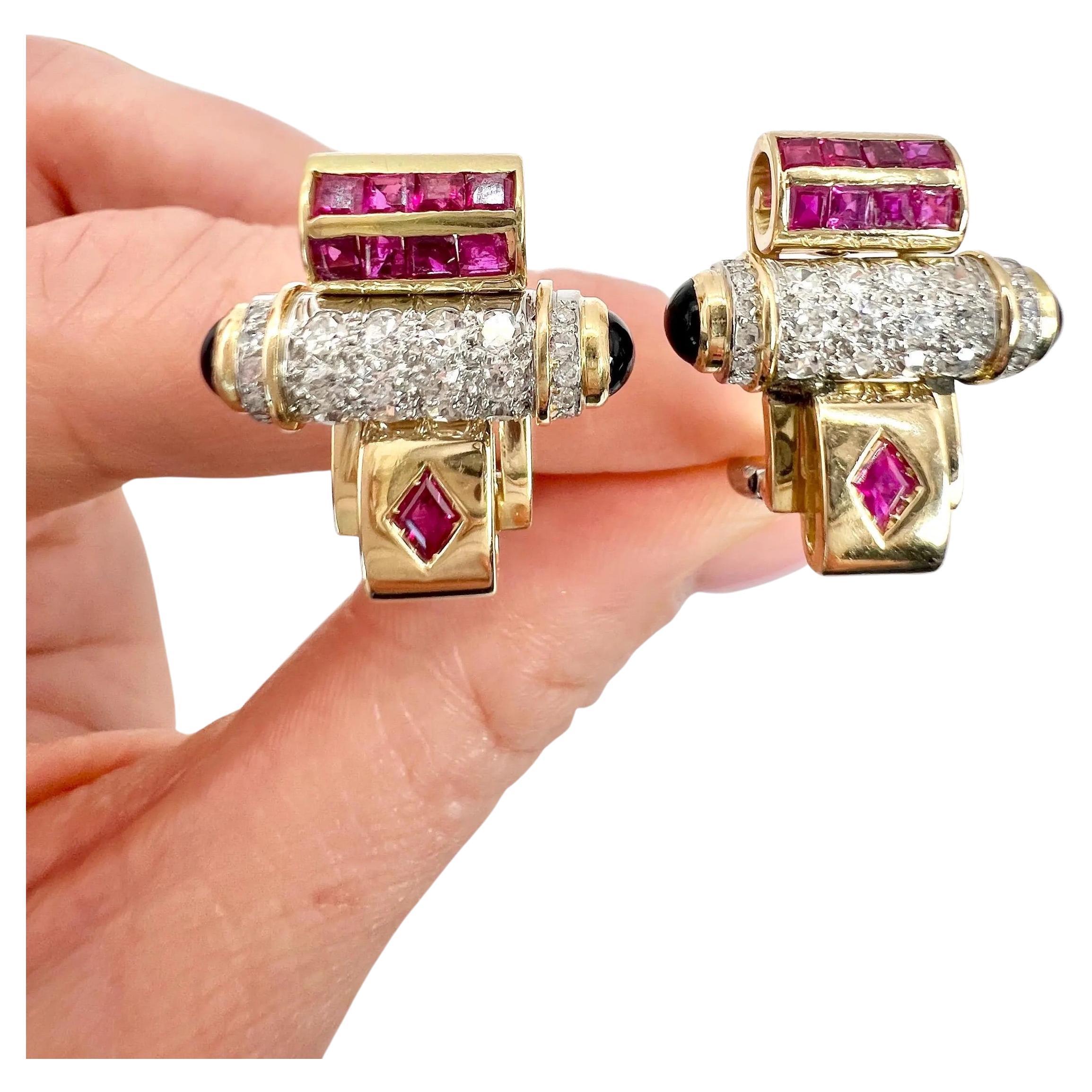 Antike 18 Karat zweifarbige Gold-Ohrringe im Art-déco-Stil mit Rubin, Diamant und Onyx, 1920er Jahre im Angebot