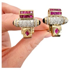 Antique 18ct Two Colour Gold, 1920s Art Deco Ruby, Diamond & Onyx Tank Earrings