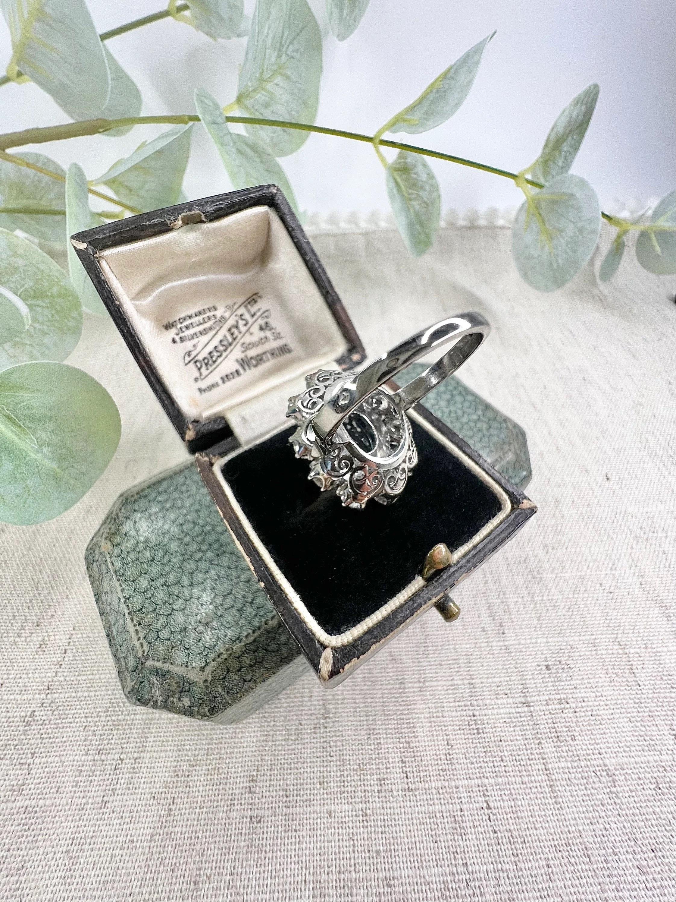 Antique 18ct White Gold 1920’s Aquamarine & Diamond Cluster Ring For Sale 6