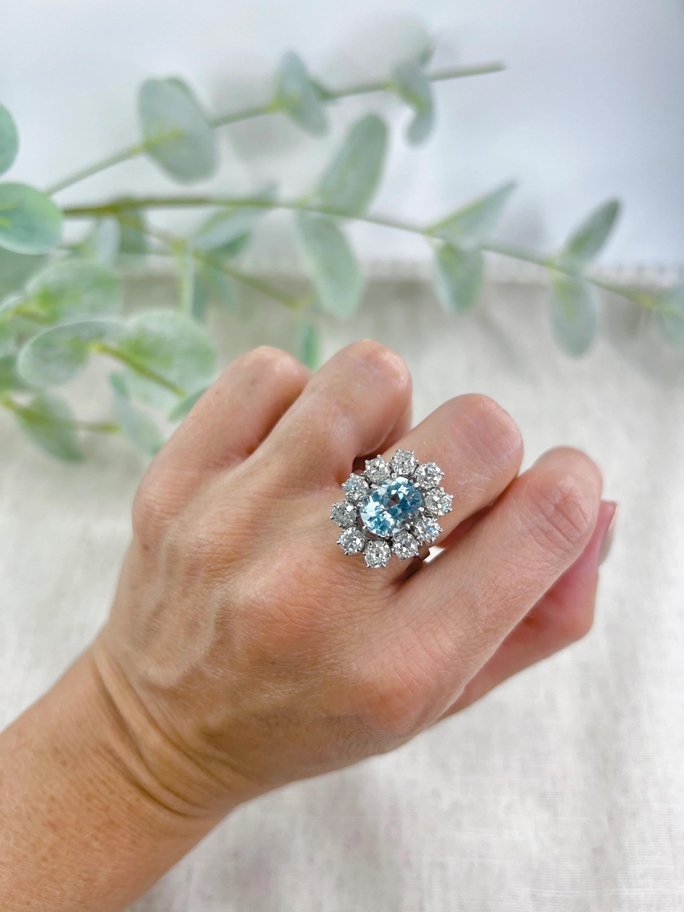 Antique Aquamarine & Diamond Cluster Ring

18ct White Gold- French Stamped 

Circa 1920’s 

Fabulous, French Aquamarine & Diamond Cluster Ring. Set with a Lovely, Natural- Oval Aquamarine Centre Stone & Over 3.0cts of Old Cut Natural Diamonds.
