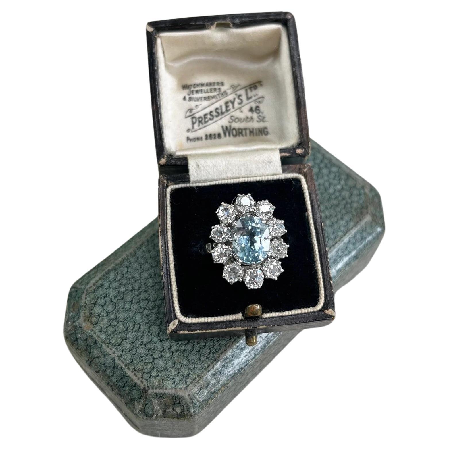 Antique 18ct White Gold 1920’s Aquamarine & Diamond Cluster Ring