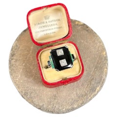Antiker 18ct Weißgold 1920's Art Deco Rechteckiger Onyx Diamant & Smaragd Ring