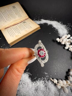 Antique 18ct White Gold Art Deco Ruby & Diamond Scroll Target Ring