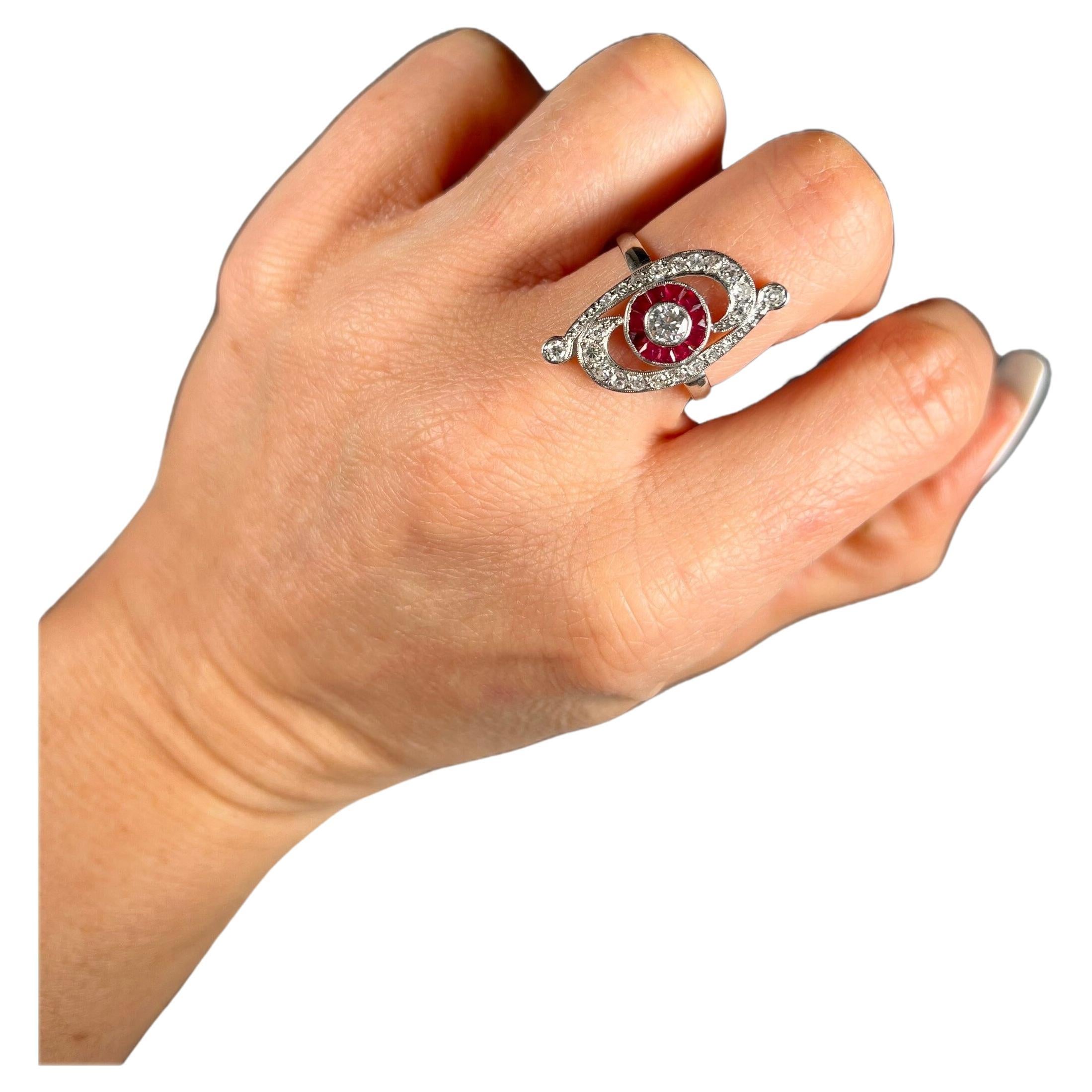 Antique 18ct White Gold Art Deco Ruby & Diamond Scroll Target Ring For Sale