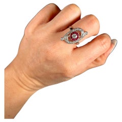 Antique 18ct White Gold Art Deco Ruby & Diamond Scroll Target Ring