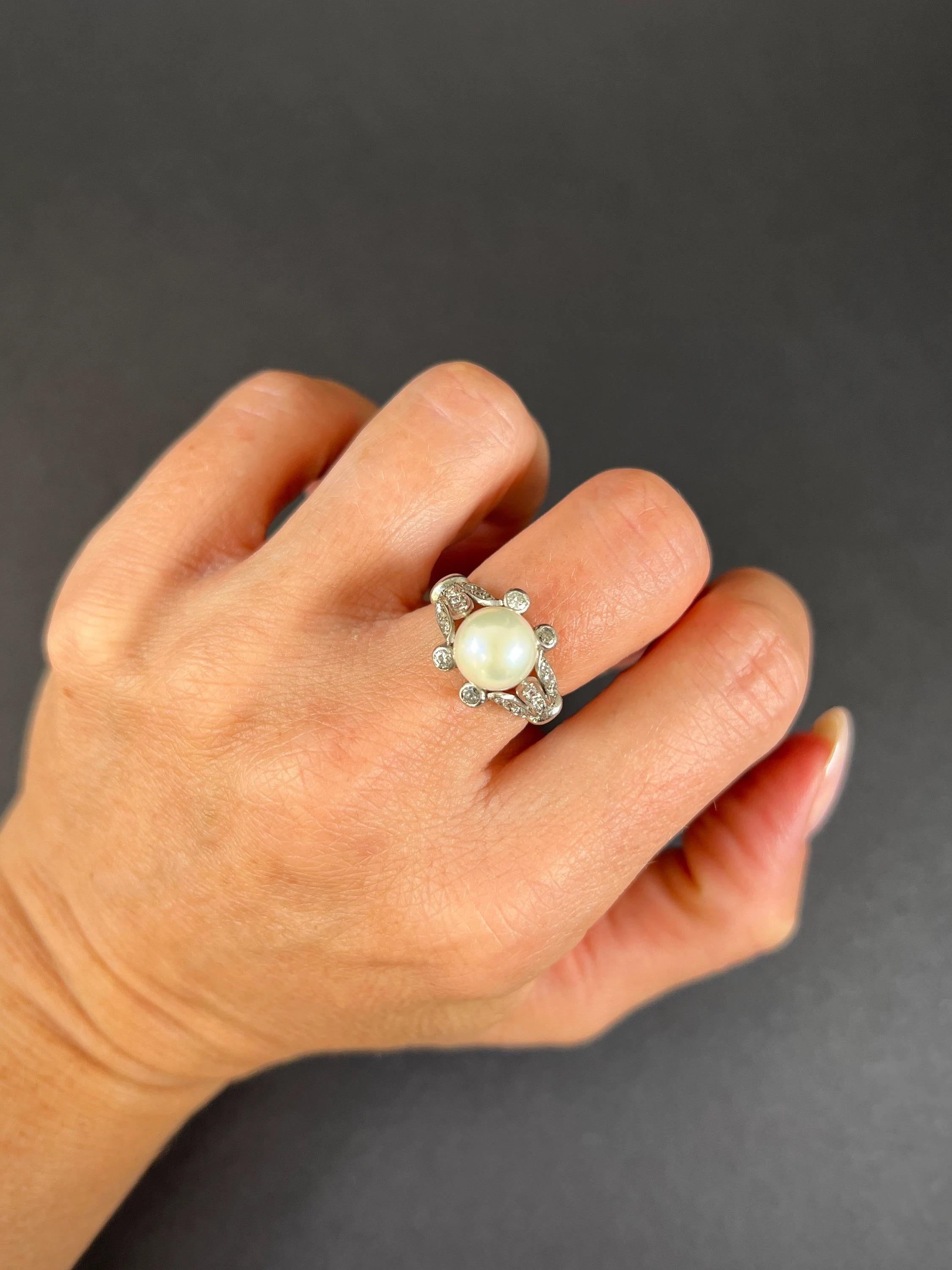 Antique 18ct White Gold Edwardian Cultured Pearl & Old European Cut Diamond Ring For Sale 6