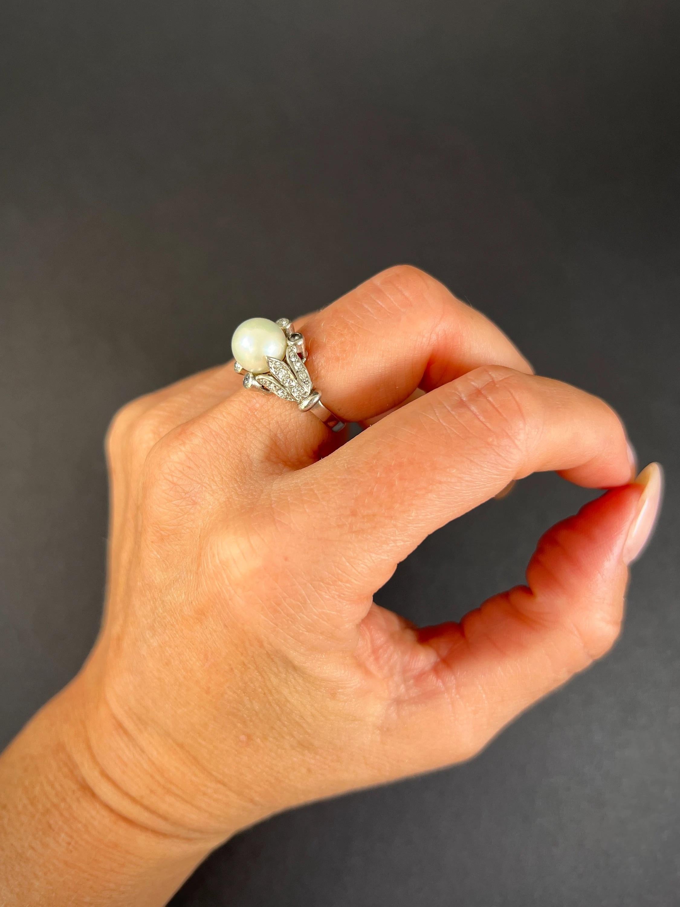 Antique 18ct White Gold Edwardian Cultured Pearl & Old European Cut Diamond Ring For Sale 7