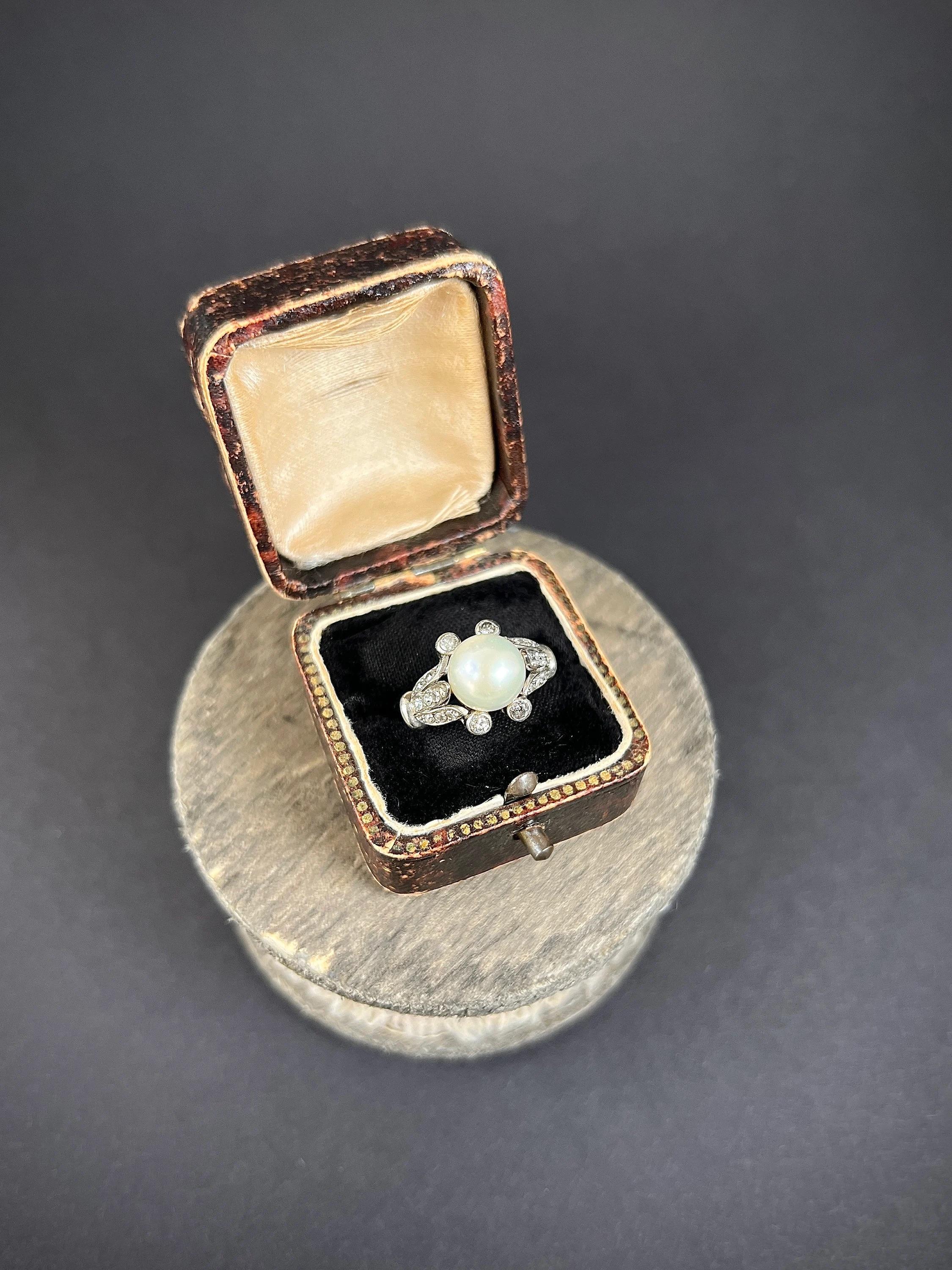 Antique 18ct White Gold Edwardian Cultured Pearl & Old European Cut Diamond Ring For Sale 2