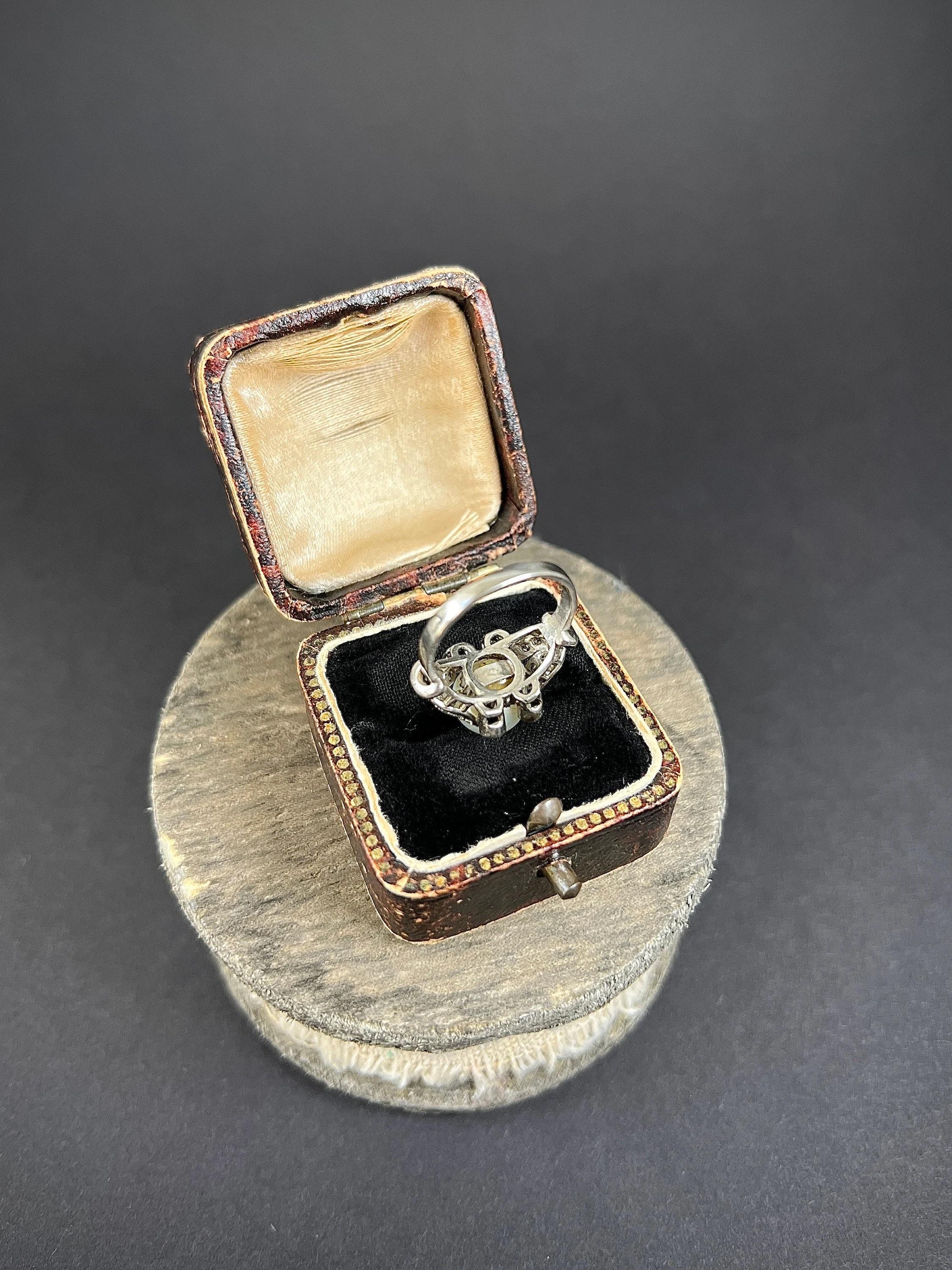 Antique 18ct White Gold Edwardian Cultured Pearl & Old European Cut Diamond Ring For Sale 4
