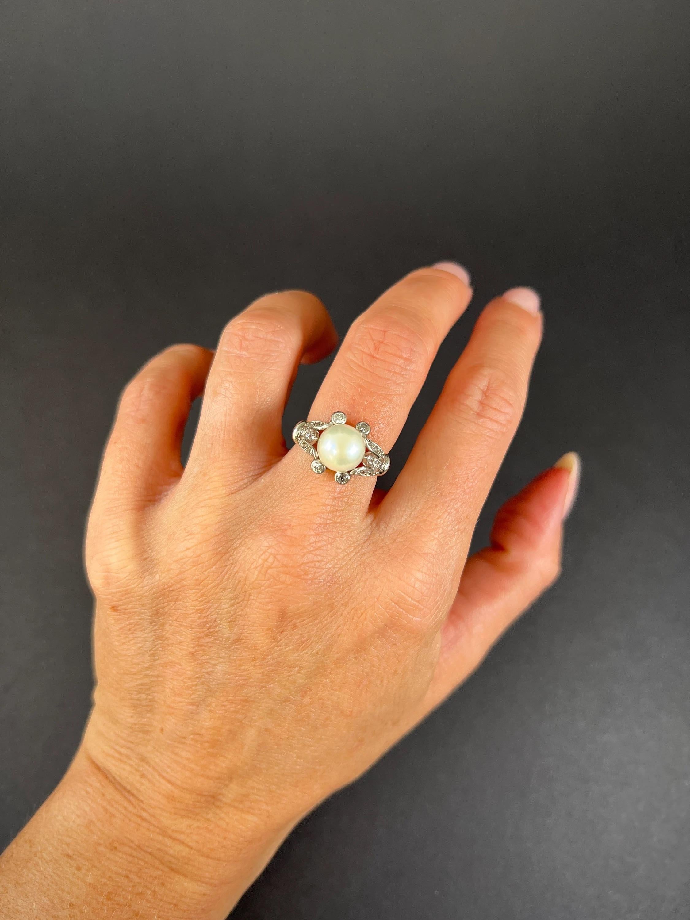 Antique 18ct White Gold Edwardian Cultured Pearl & Old European Cut Diamond Ring For Sale 5
