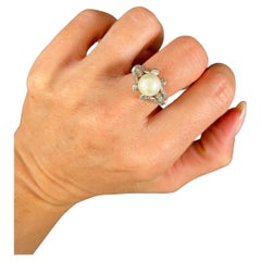 Antique 18ct White Gold Edwardian Cultured Pearl & Old European Cut Diamond Ring