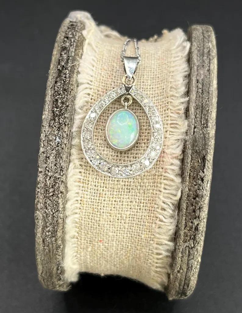 Antique 18ct White Gold Edwardian Opal & Diamond Pendant For Sale 5