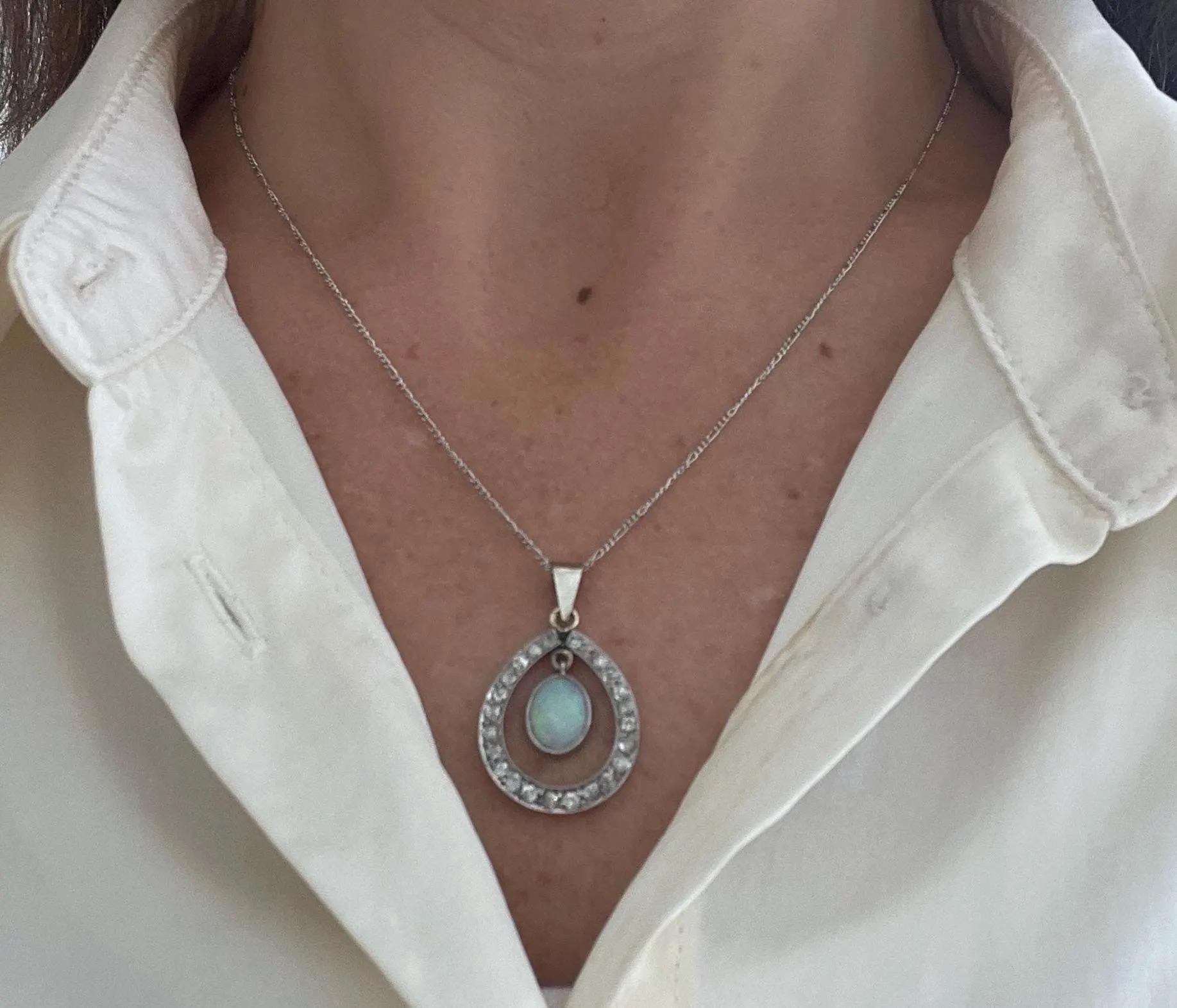 Oval Cut Antique 18ct White Gold Edwardian Opal & Diamond Pendant For Sale
