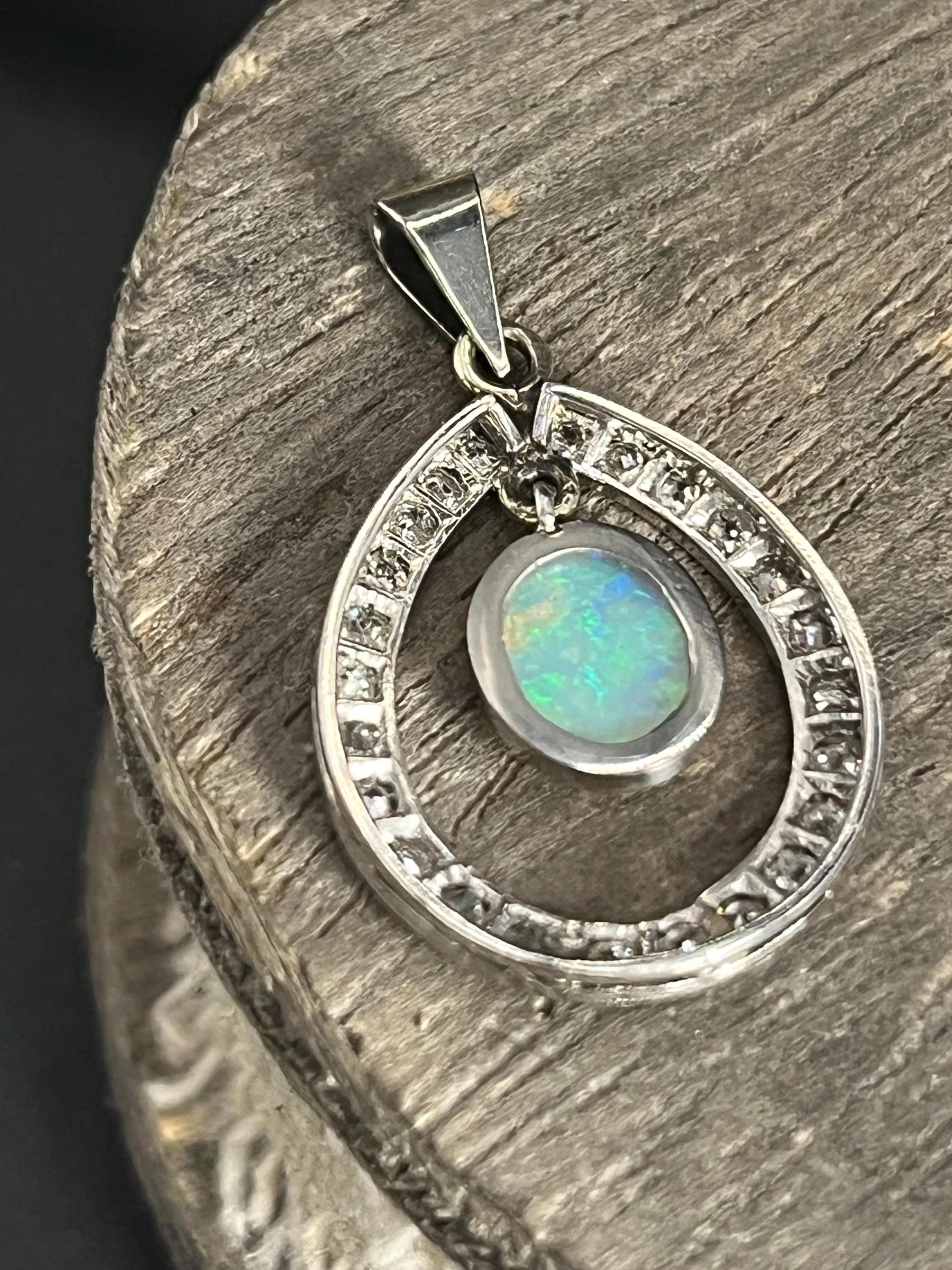 Women's or Men's Antique 18ct White Gold Edwardian Opal & Diamond Pendant For Sale