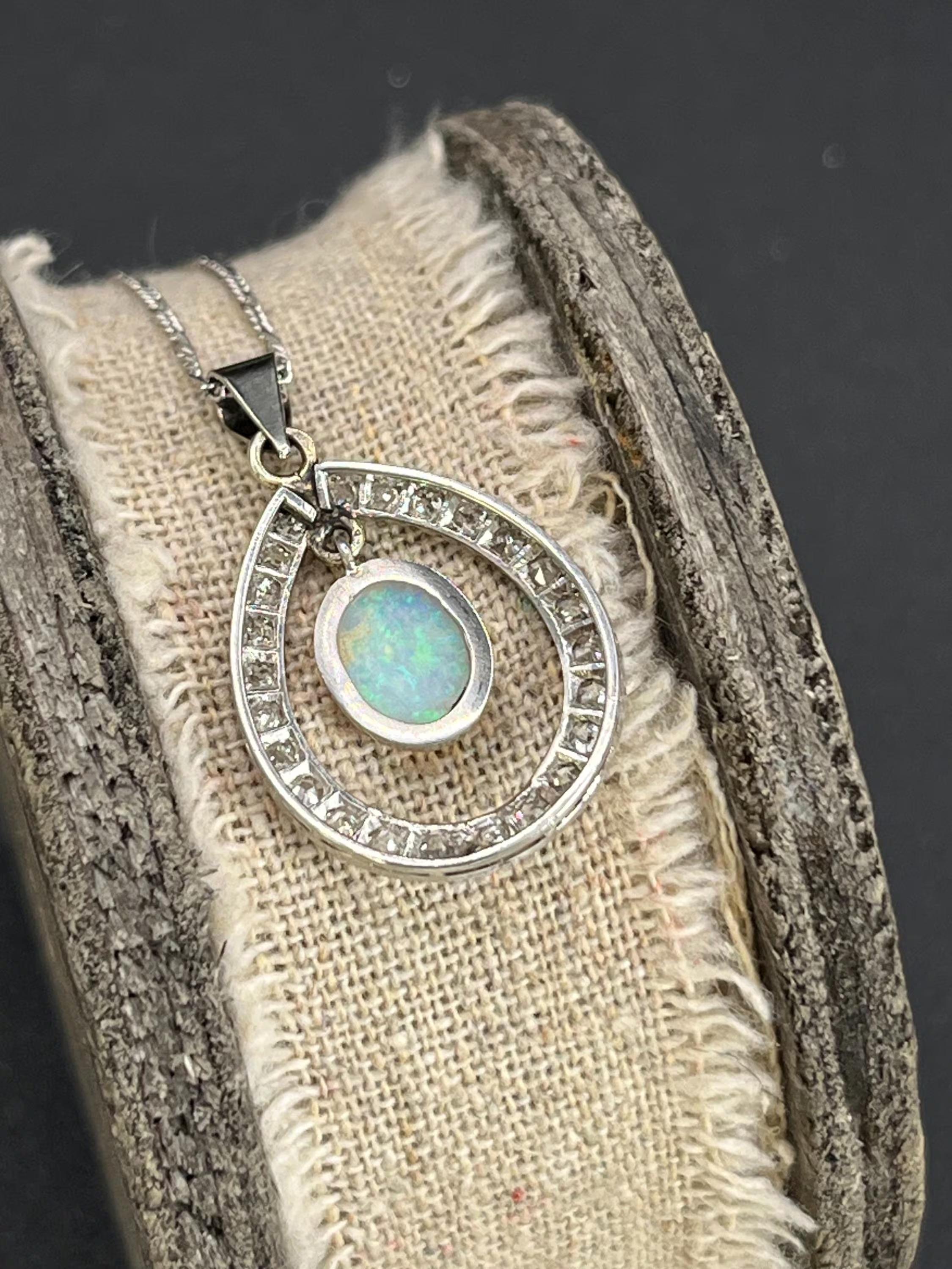 Antique 18ct White Gold Edwardian Opal & Diamond Pendant For Sale 2