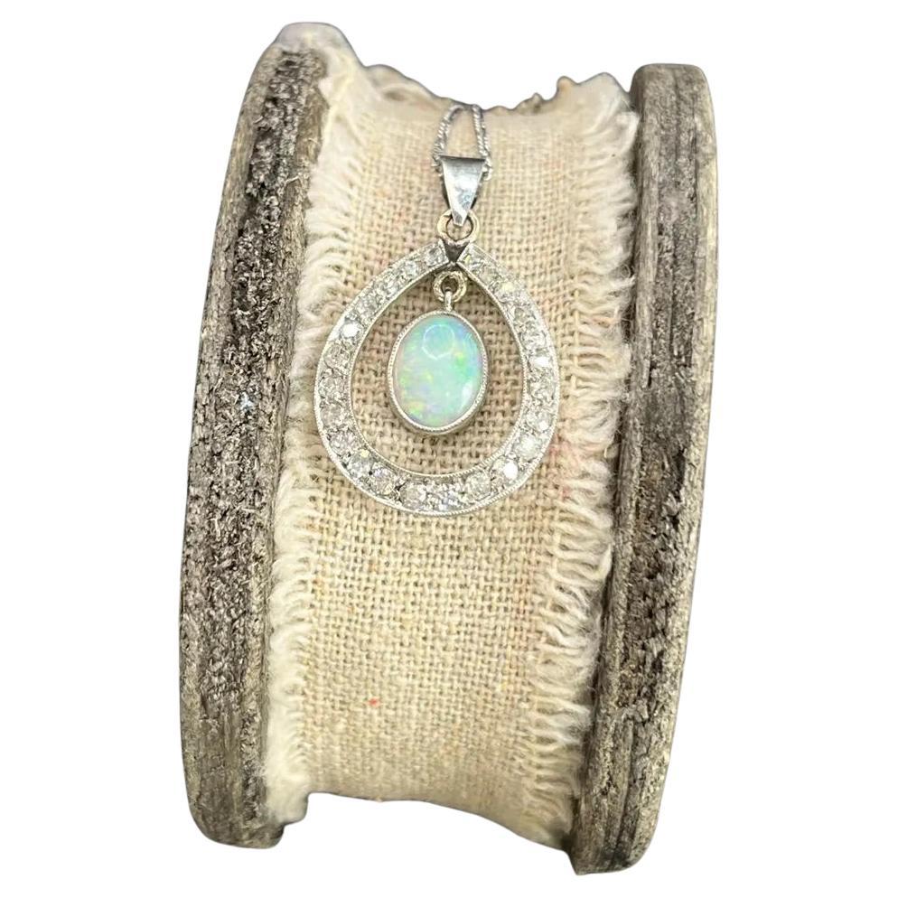 Antique 18ct White Gold Edwardian Opal & Diamond Pendant For Sale