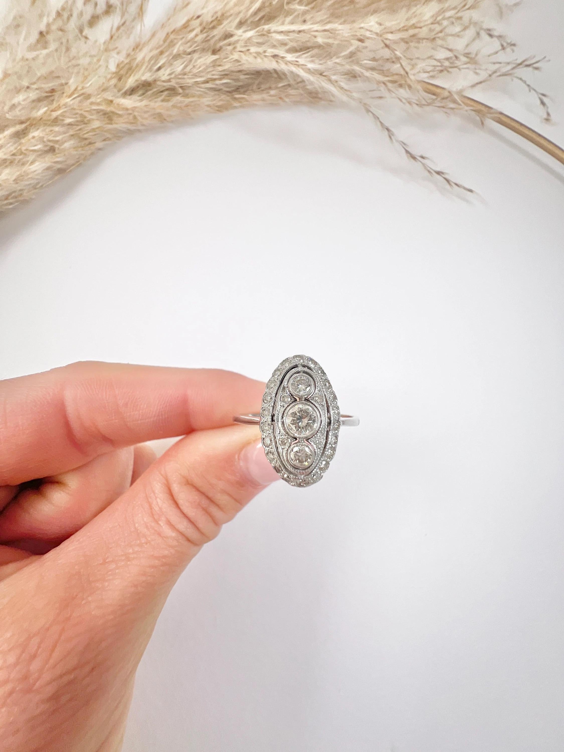 Brilliant Cut Antique 18ct White Gold,  Edwardian Three Stone Diamond Ring, Oval Halo Ring For Sale